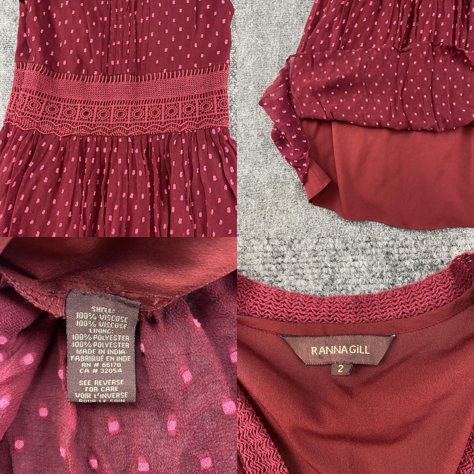 Vintage Ranna Gill Dress Womens 2 Burgundy Clip Dot Crochet Lace V-Neck Sleeveless Boho Dress Clip Dot Burgundy V-Neck Sleeveless Womens Size XS / US 0-2 / IT 36-38 - 8 Thumbnail