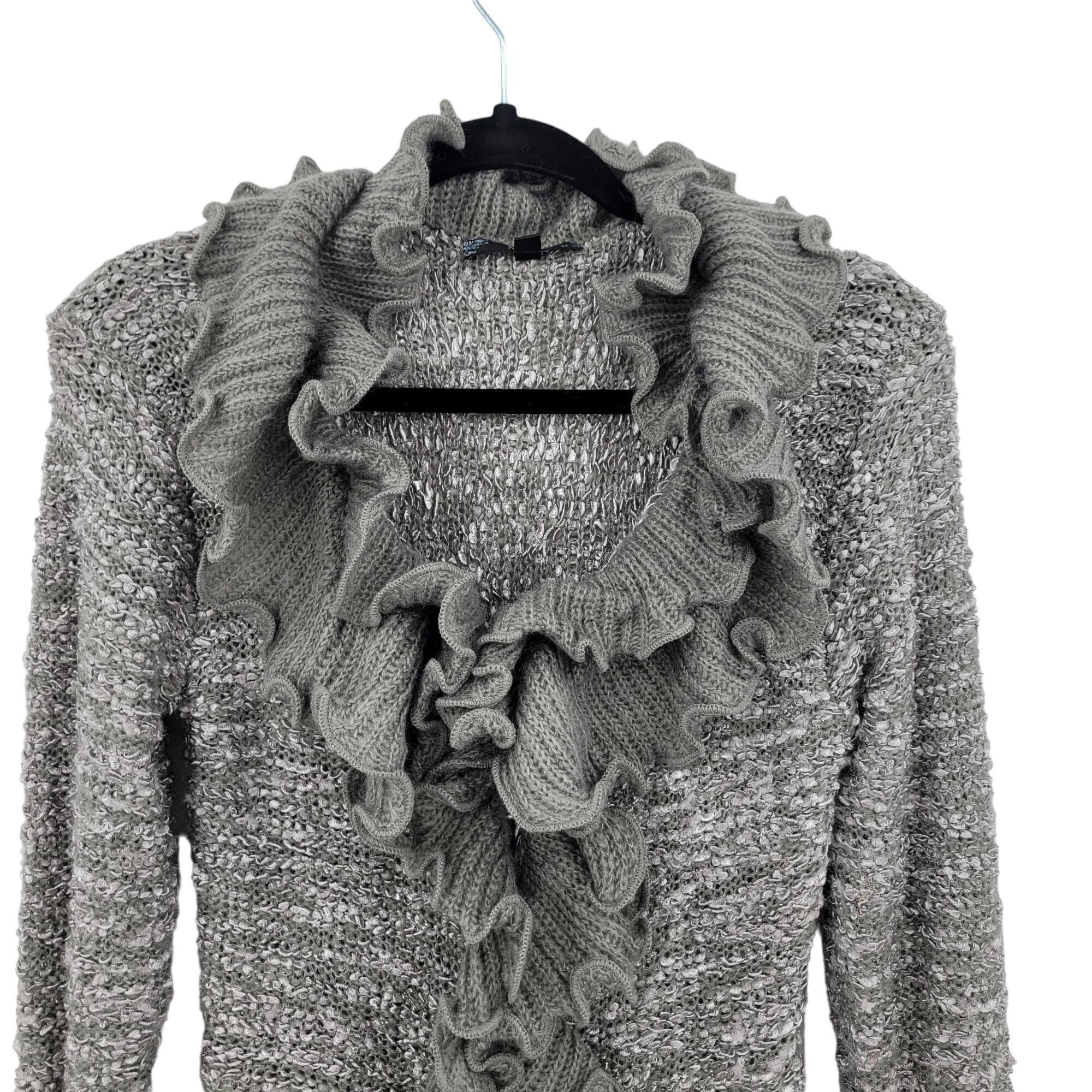 Vintage 90s Wool Ruffled Knit Cardigan Sweater Duster L Gray Fairy Size L / US 10 / IT 46 - 4 Thumbnail