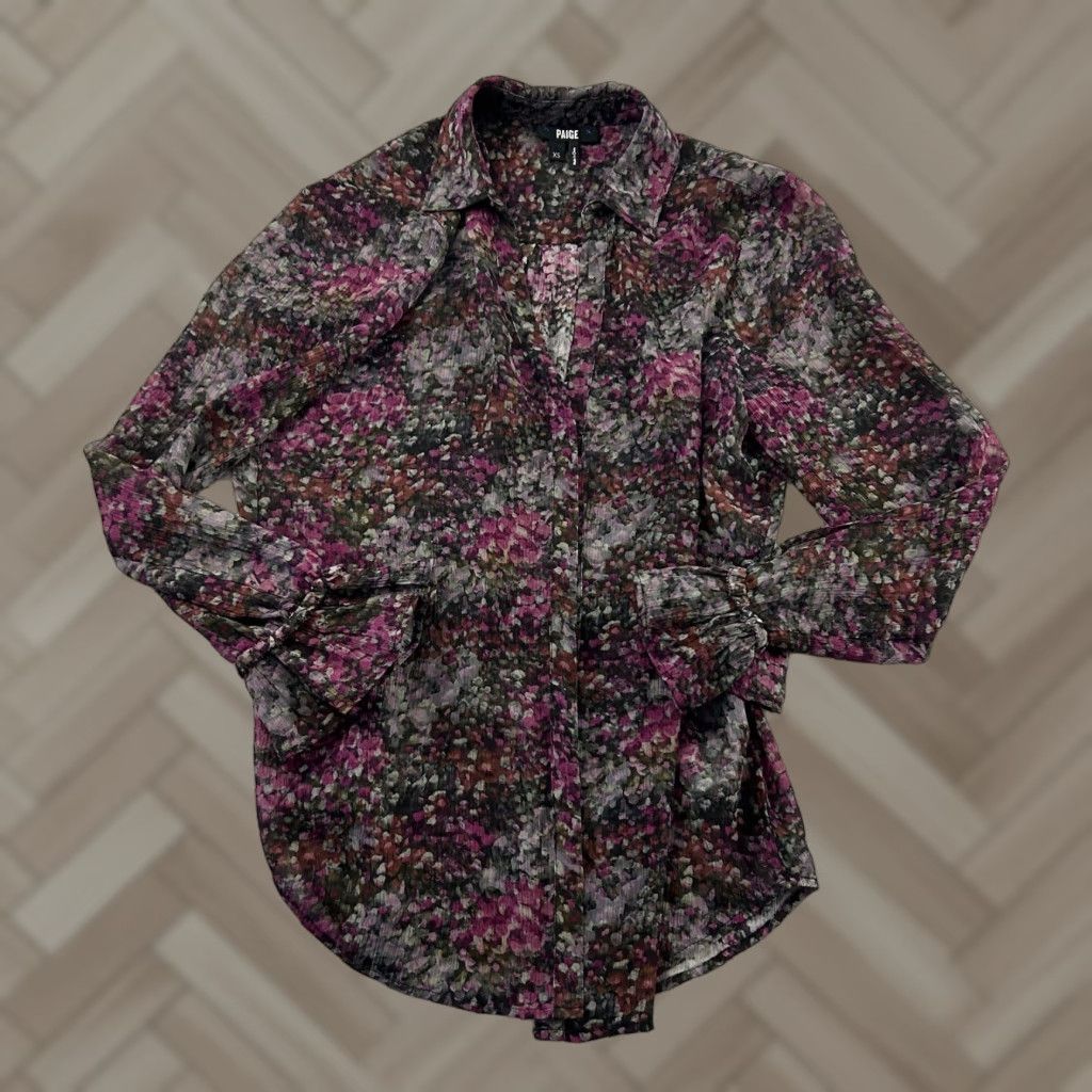 Paige PAIGE Silk Long Ruffle Sleeve Floral Button Front Shirt Women's XS Black Size XS / US 0-2 / IT 36-38 - 1 Thumbnail