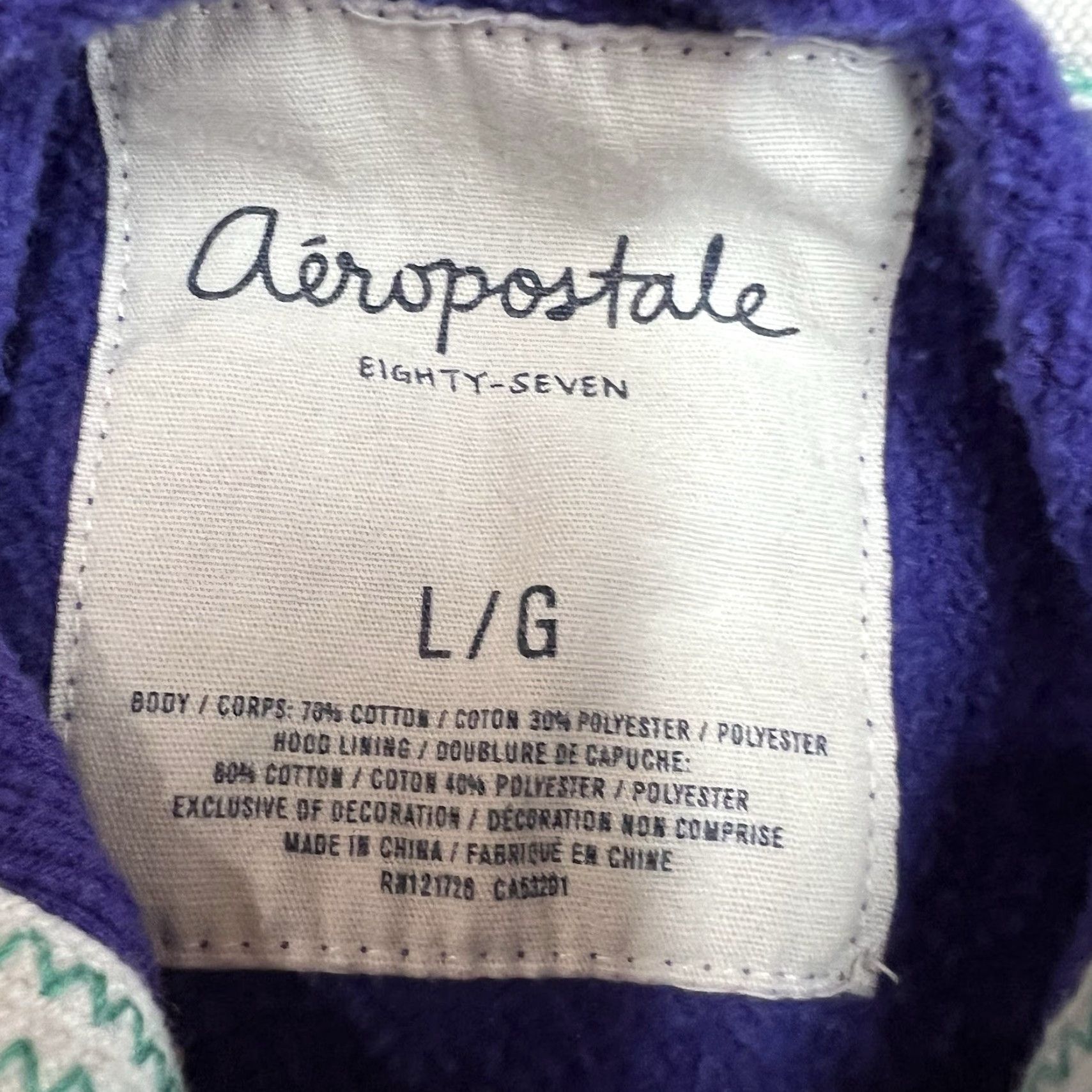 Vintage Aéropostale 87 Hooded Full Zip Sweatshirt Mens L Purple Embroidered Graphic Print Batman Stitch Blue Red White Classic Theme Size US L / EU 52-54 / 3 - 5 Thumbnail
