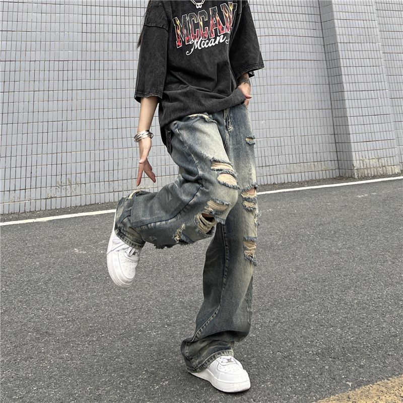 Japanese Brand Street retro ripped loose casual straight leg washed jeans Size US 32 / EU 48 - 2 Thumbnail