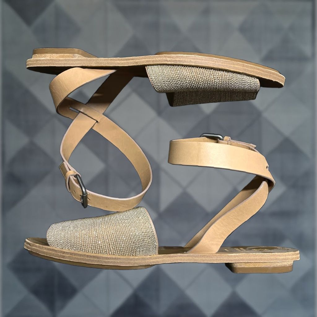 BRUNELLO CUCINELLI Sandals Womens 6.5 36.5 Beige Leather Strappy Ankle Strap Flat