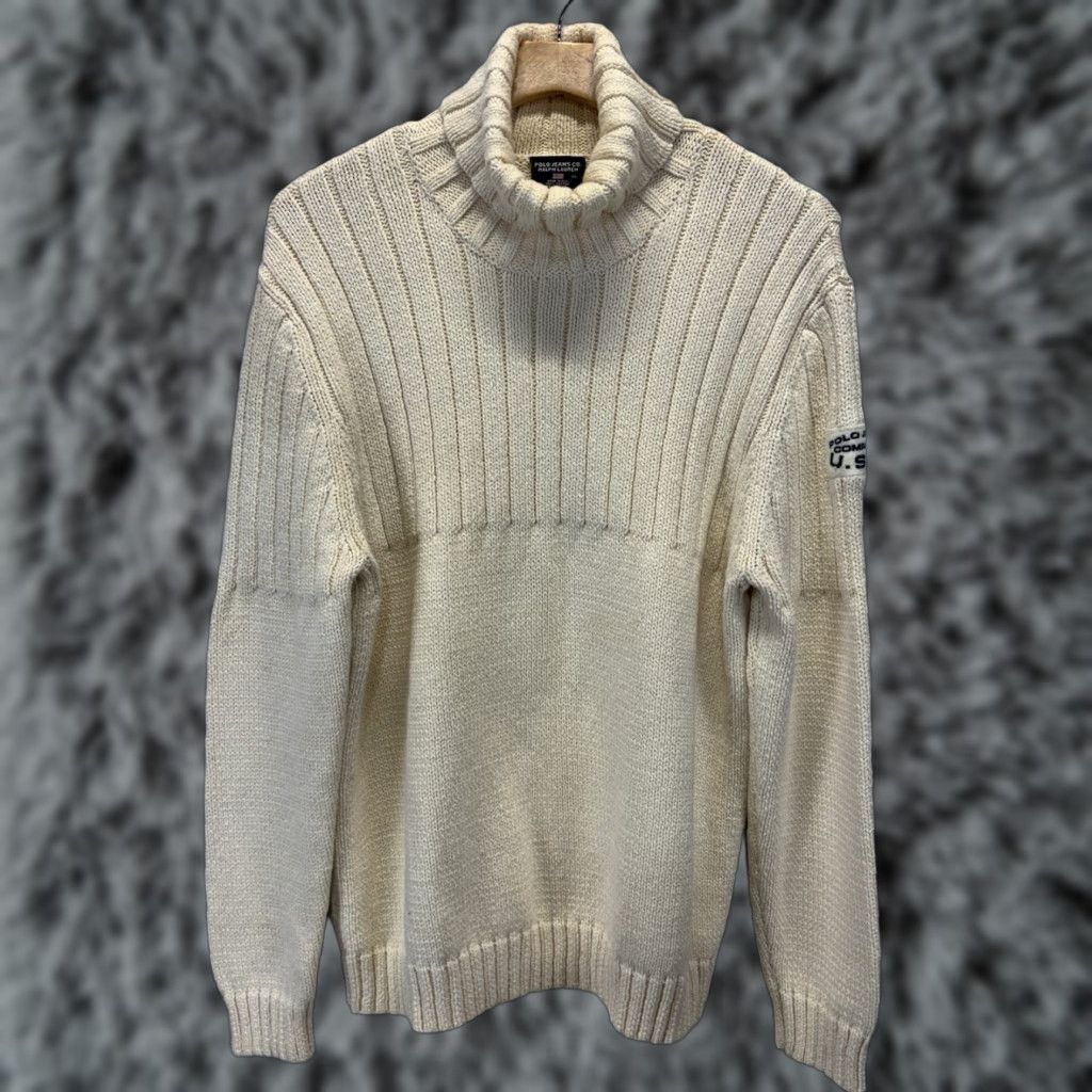 Polo Ralph Lauren VINTAGE Polo Jeans Co Turtleneck Sweater Mens XL Cream Navy Nautical Chunky Knit Pullover Heavyweight Patch Cotton 1980s-1990s Size US XL / EU 56 / 4 - 1 Thumbnail