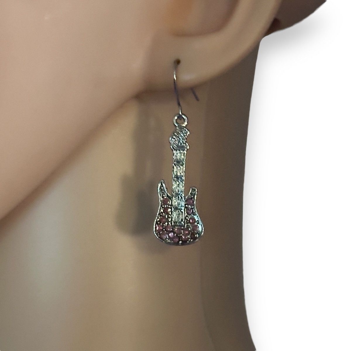 Other Silver tone pink rhinestone guitar dangle earrings Size ONE SIZE - 2 Thumbnail