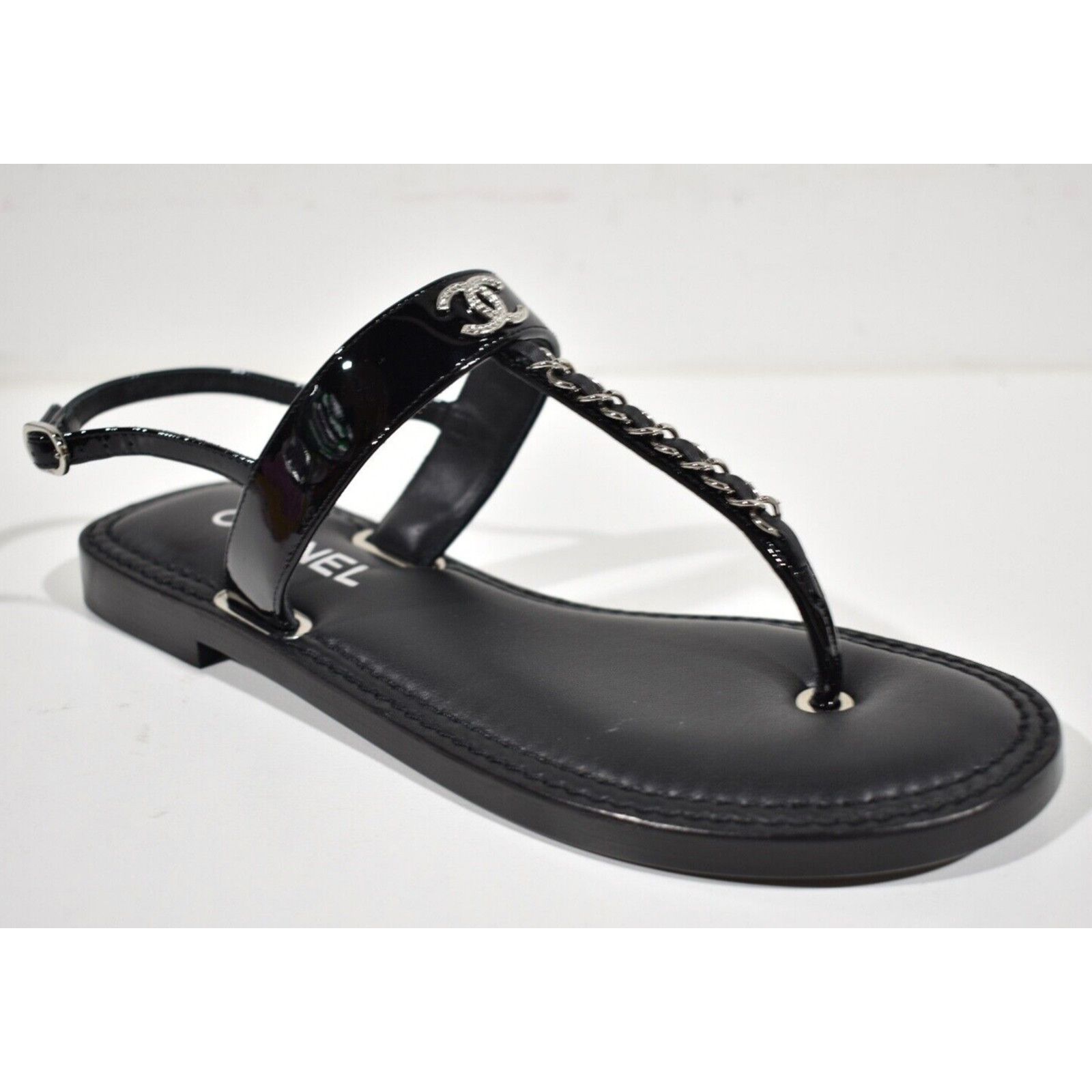 Chanel Chanel 22C Black Patent Silver Chain CC Logo Mule Slide Size US 8.5 / IT 38.5 - 3 Thumbnail