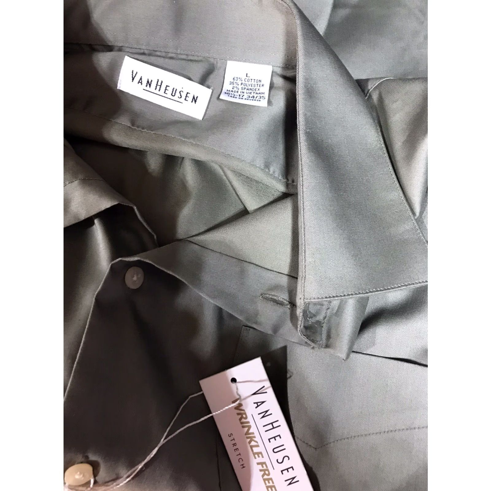 Van Heusen Van Heusen Dress Shirt Men Large Olive Green Long Sleeve Button-Down Casual Business Formal Workwear Size 42R - 3 Thumbnail