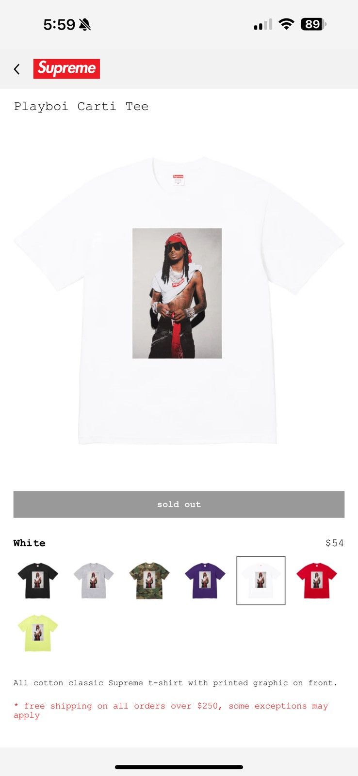 【Supreme】Playboi Carti Tee XL White Supreme Playboi Carti Tee White T-Shirt FW25 Size XL NEW W