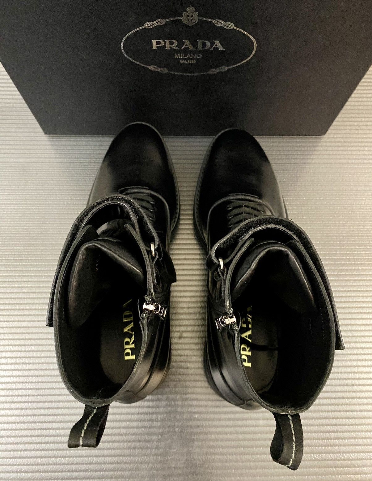 Prada Prada 🇮🇹 black calf side zip top collar combat boots 10 NEW Size US 10 / EU 43 - 9 Thumbnail