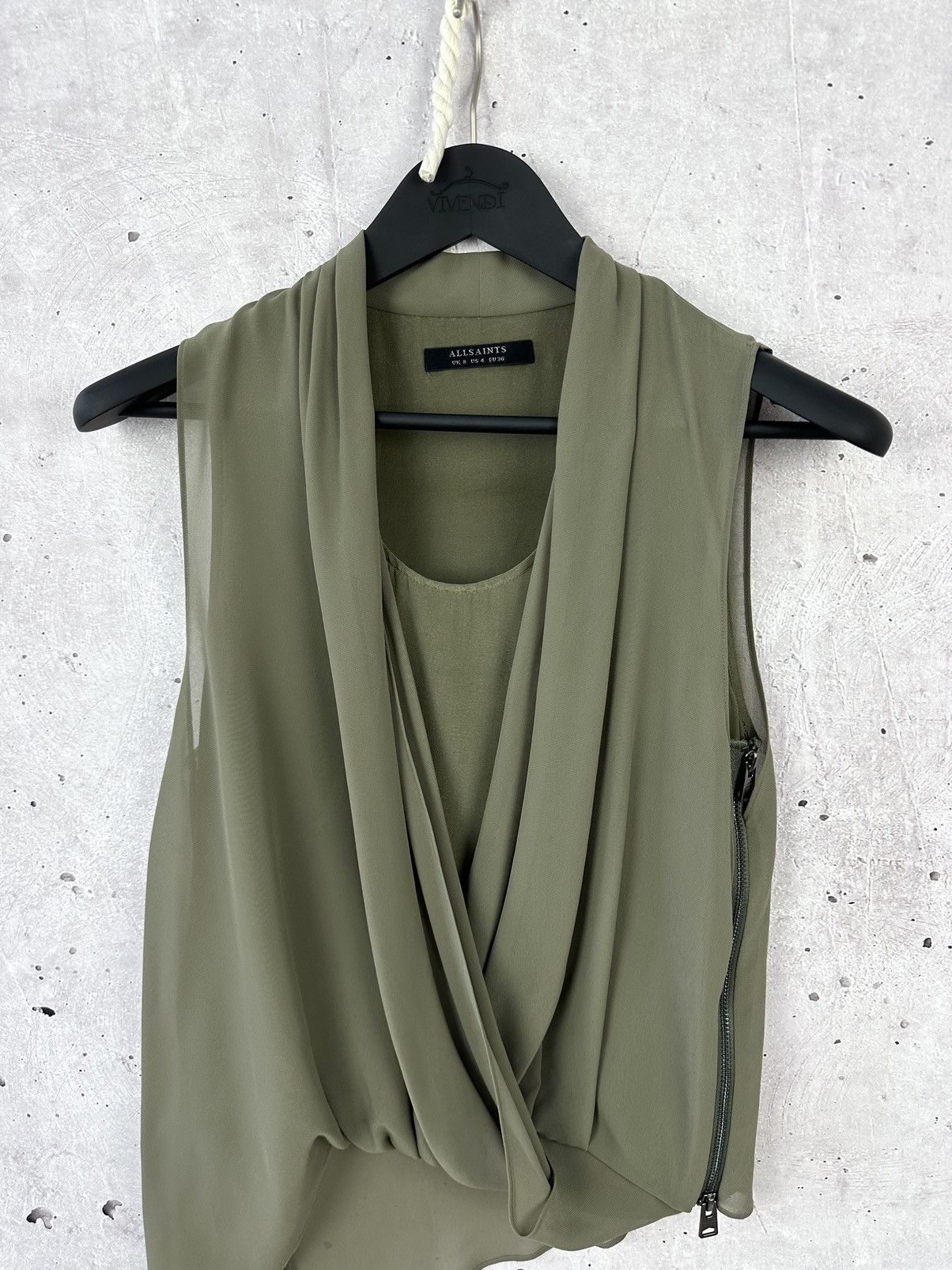 Allsaints × Designer Allsaints Abi Vik Khaki Asymmetrical Viscose Blouse Top Size S / US 4 / IT 40 - 2 Thumbnail