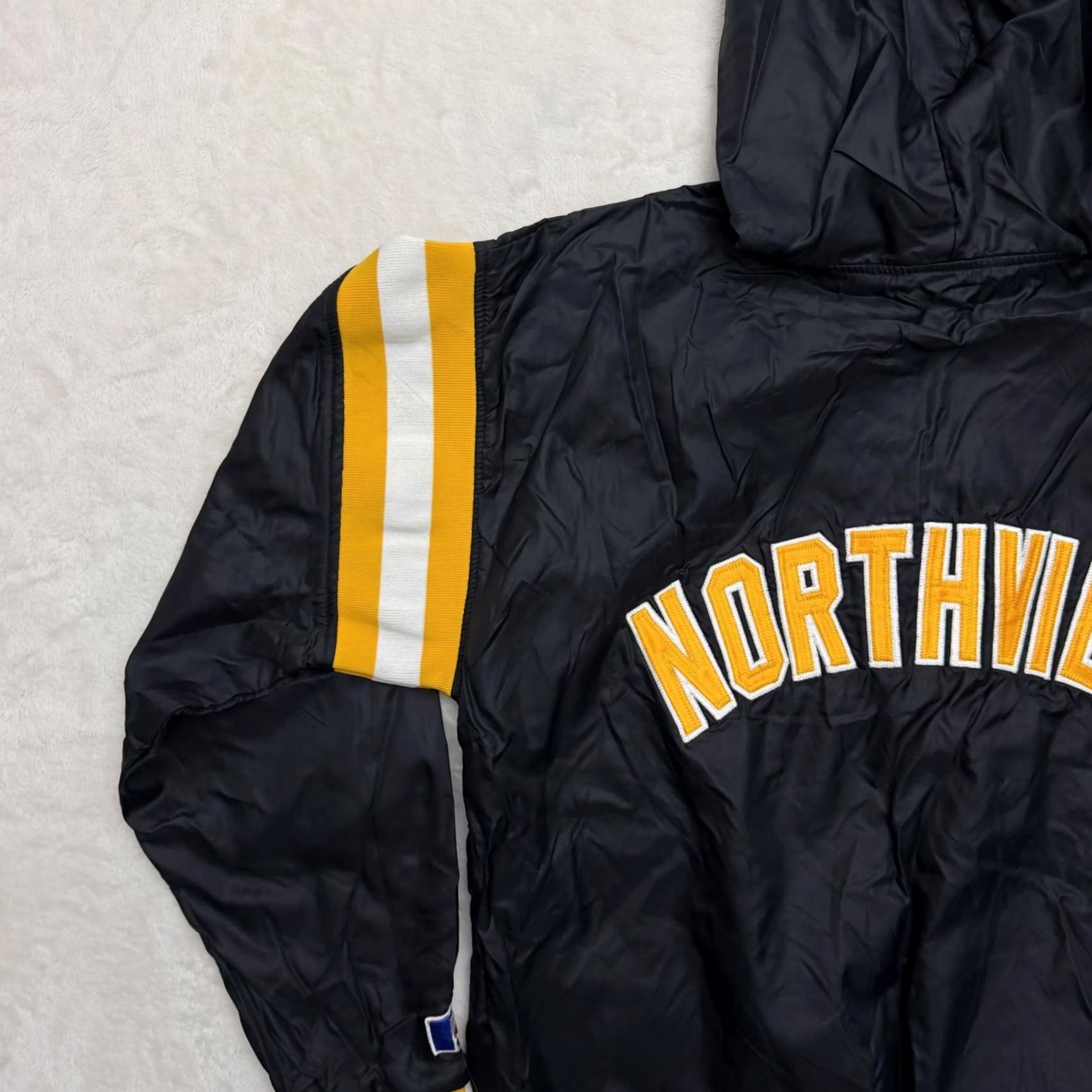 Russell Athletic VINTAGE Russell Northview Jacket Mens Large Hooded Windbreaker 1/2 Zip Black Striped Mid-Length Jacket Mens Size US L / EU 52-54 / 3 - 6 Thumbnail