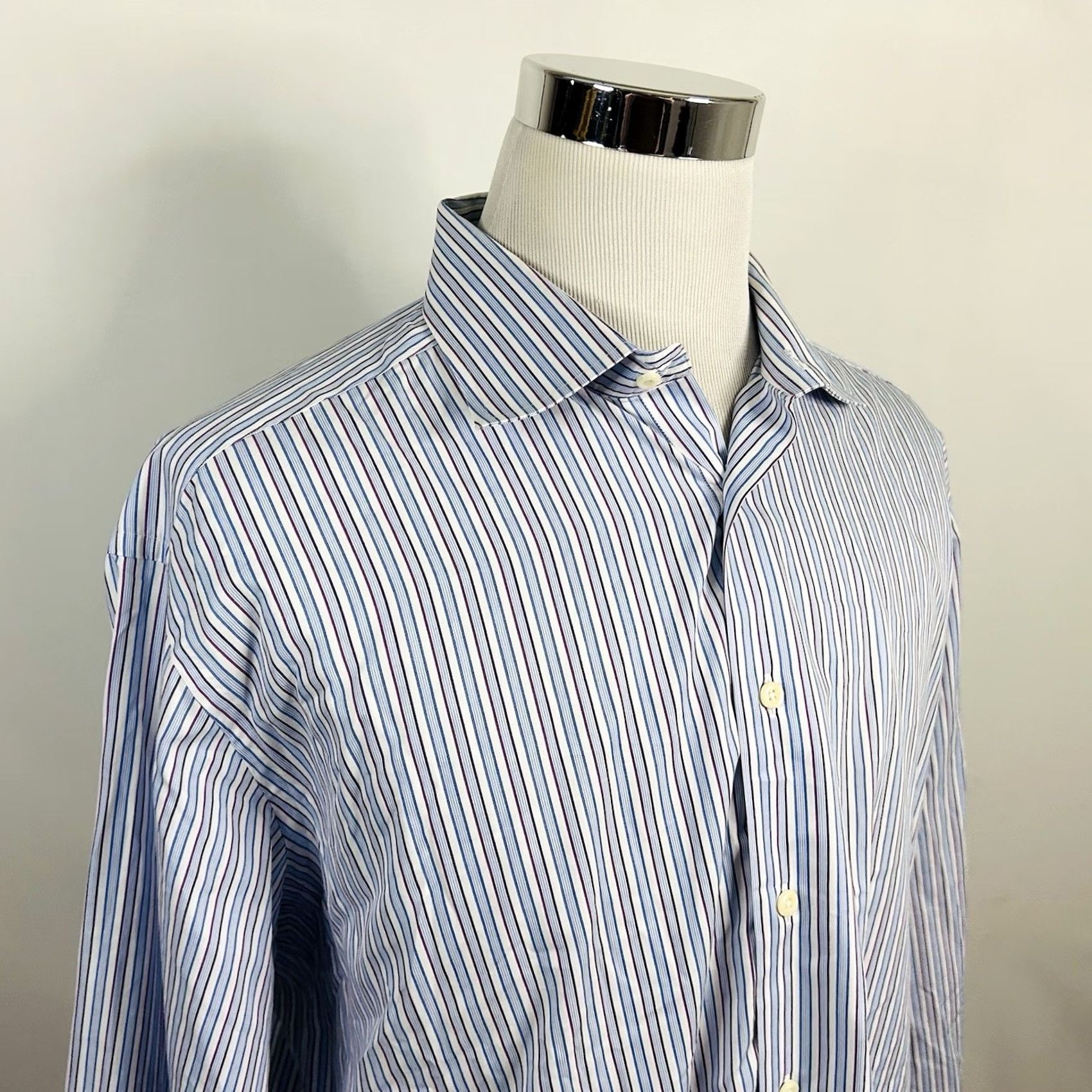 David Donahue David Donahue Dress Shirt 18 34/35 Regular Fit Red White Blue Striped Cotton Size 48R - 2 Thumbnail