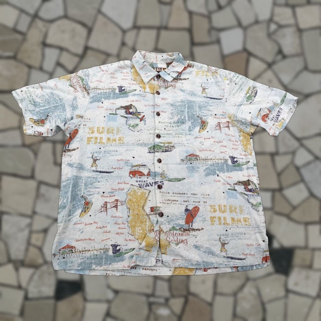 Vintage VINTAGE Kahala Shirt Men XL Button Up Short Sleeve White Blue Hawaiian Aloha California Surf Map Camp Graphic Print Beach Tropical 90s Mens Size US XL / EU 56 / 4 - 1 Thumbnail