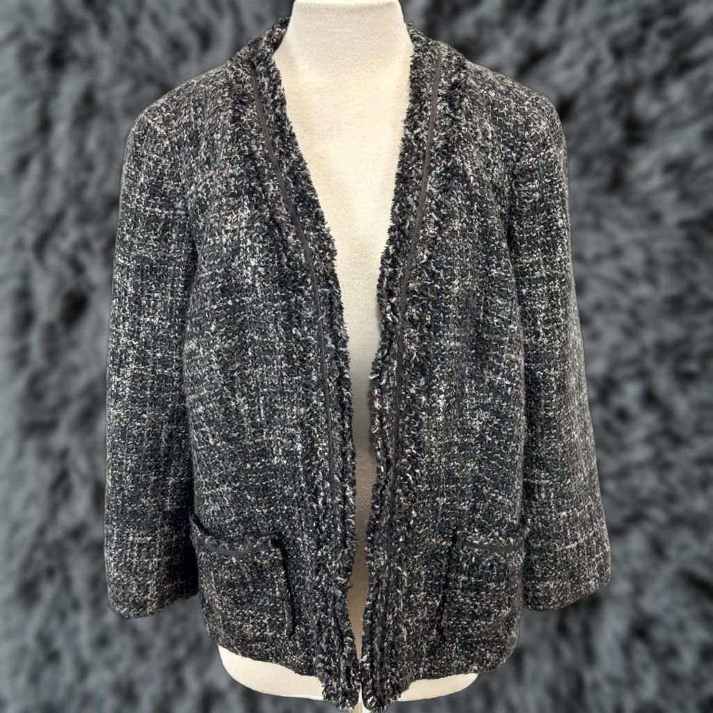 Talbots Talbots Tweed Blazer Jacket Sz 16W Plus Women’s Grey Black Open Fringe Trim Size XXL / US 16-18 / IT 52-54 - 1 Thumbnail