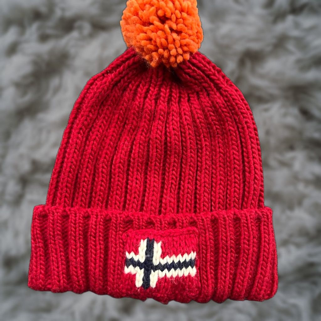 Napapijri Napapijri Beanie Hat One Size OS Red Norway Flag Ribbon Cuffed Pom Pom Knit Unisex Adults Mens Womens Size ONE SIZE - 1 Thumbnail