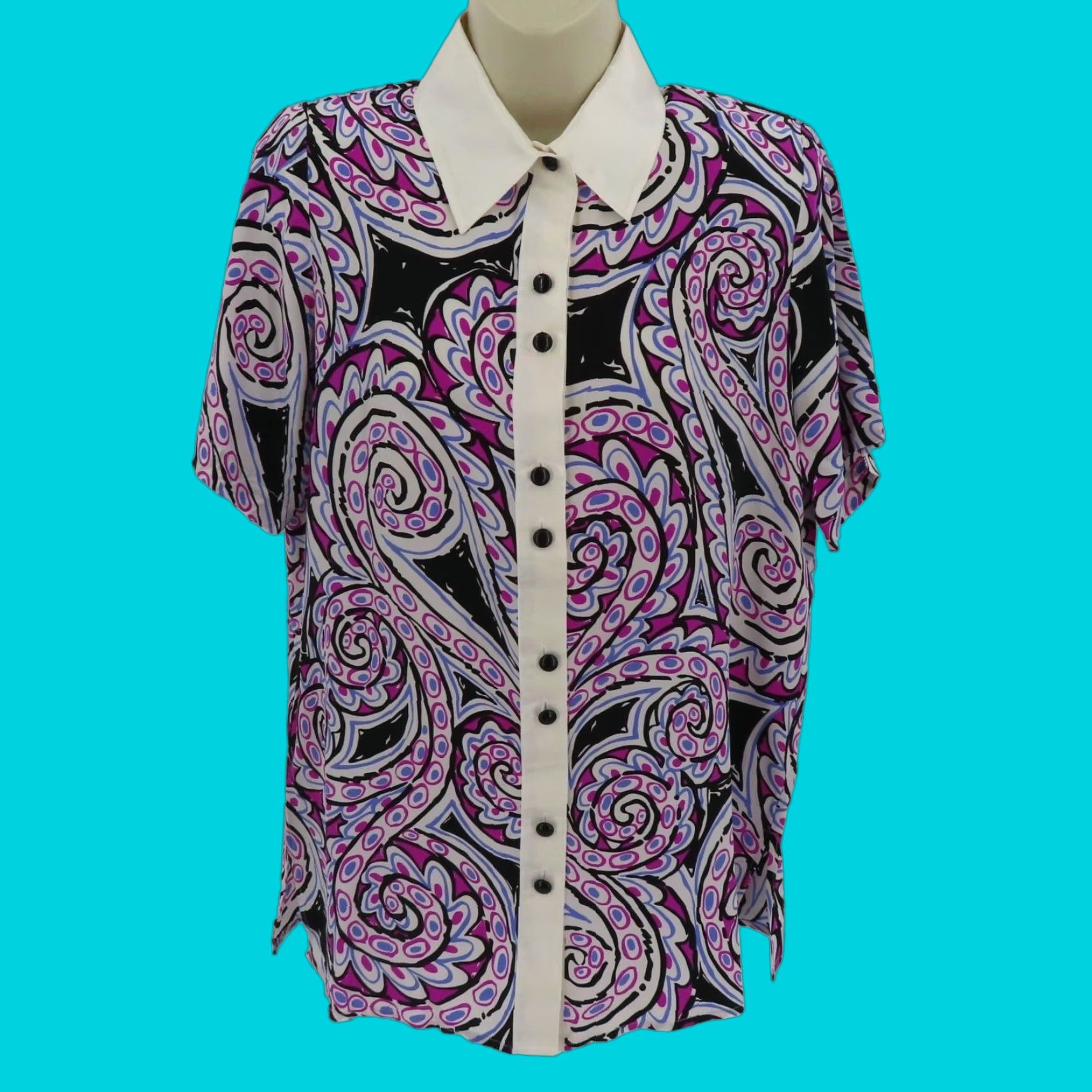 VINTAGE Bob Mackie Womens XS Purple Black White Paisley Scroll Collar Shirt All Silk NEW