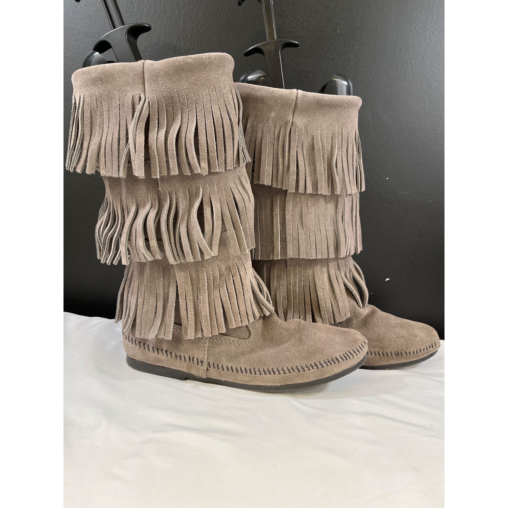 Minnetonka Minnetonka Womens Grey Tripe Fringe Leather Boots Size 10 SK Grailed