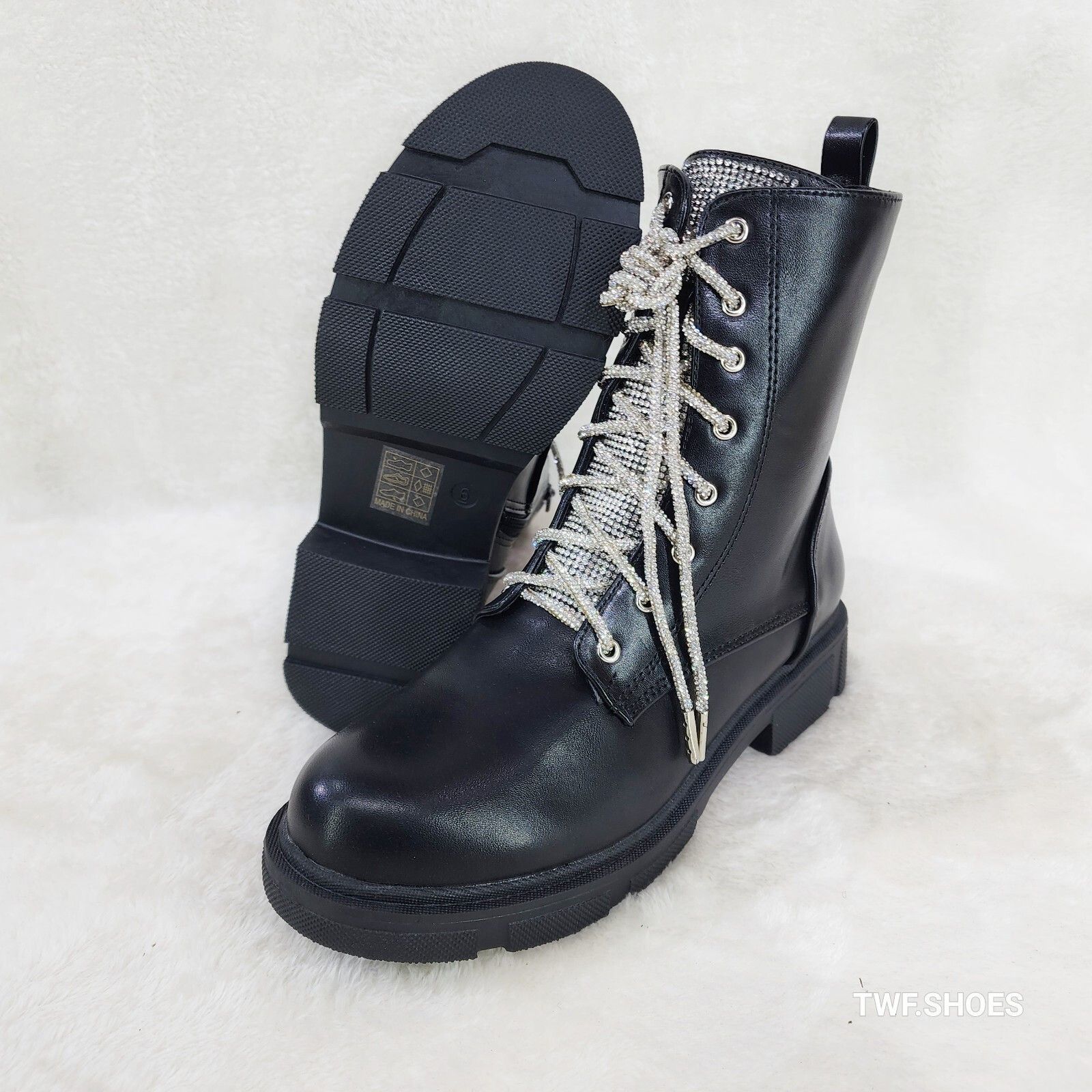 Other Rylee Black Combat Ankle Boots Iridescent Rhinestone Tongue Size US 8.5 / IT 38.5 - 2 Thumbnail