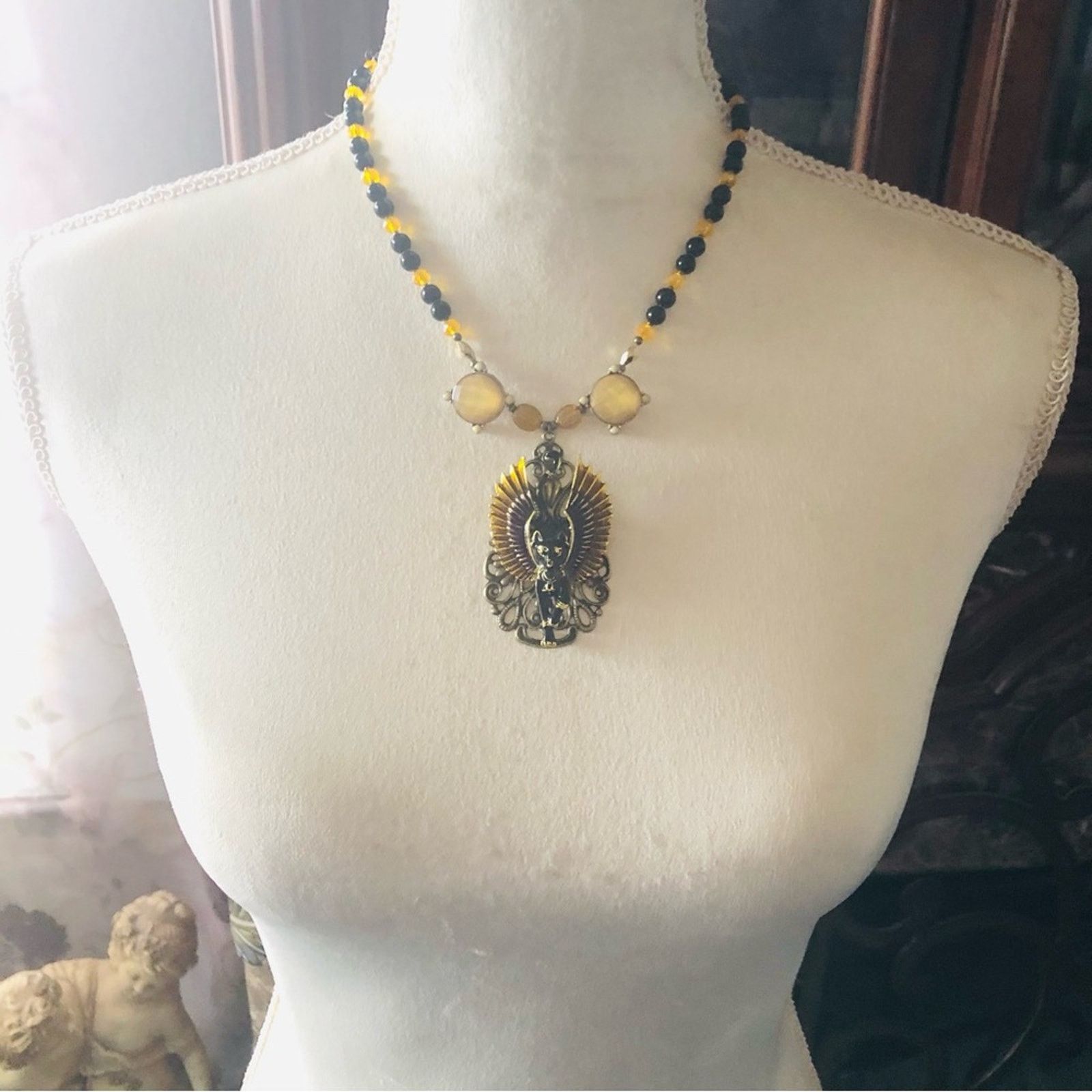 Handmade Handcrafted repurpose enamel Egyptian cat Pearl necklace Size ONE SIZE - 5 Thumbnail