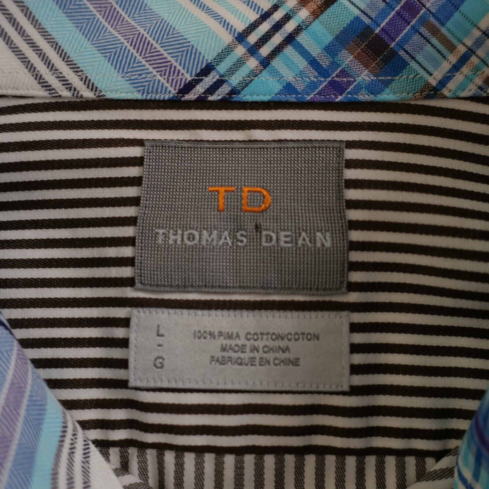 Designer Thomas Dean Brown Striped Pima Cotton Flip Cuff Large Collar Size US L / EU 52-54 / 3 - 10 Thumbnail