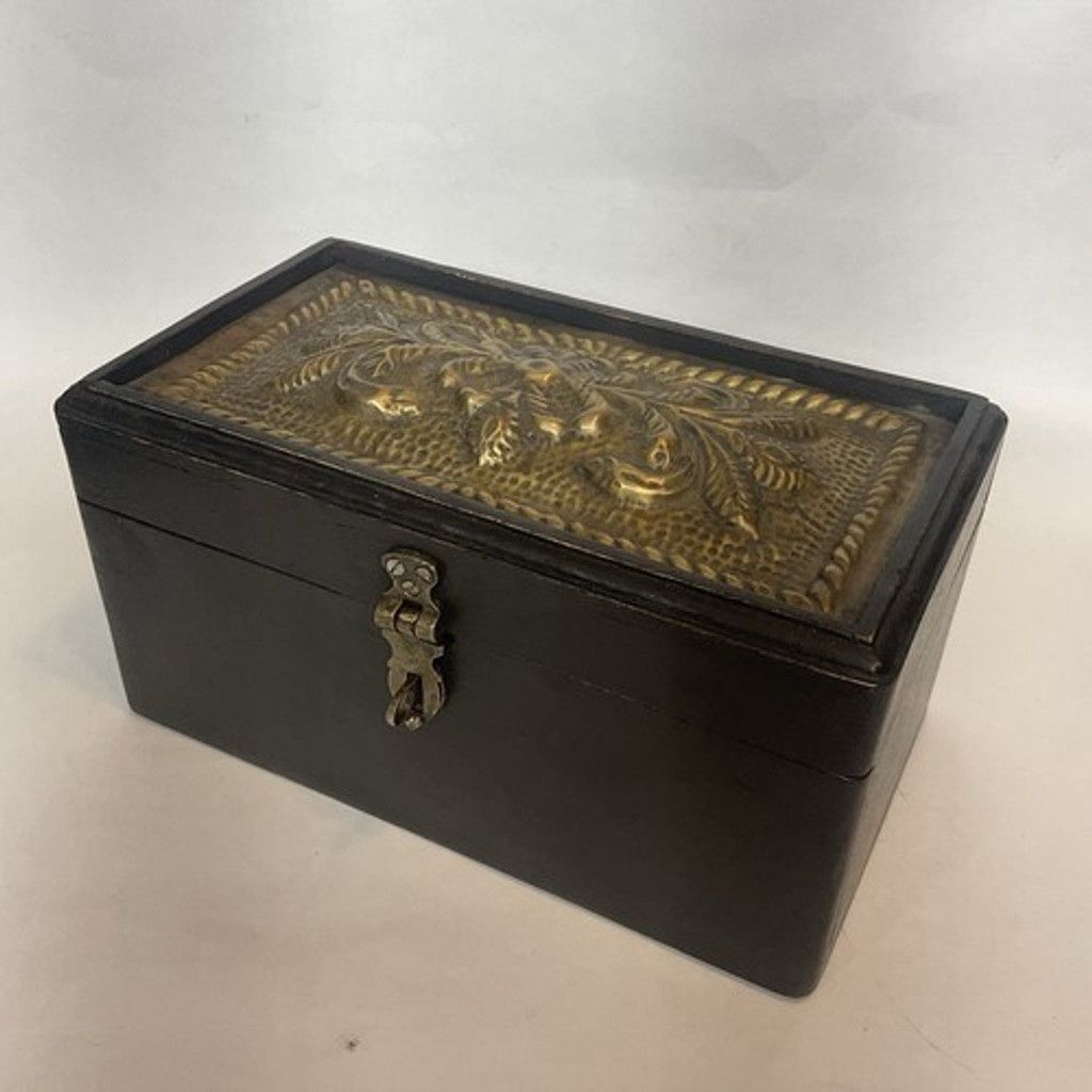 Handmade VTG Dark Brown Wooden Box W/Metal Decorative Brass OrnateTop Size ONE SIZE - 12 Thumbnail