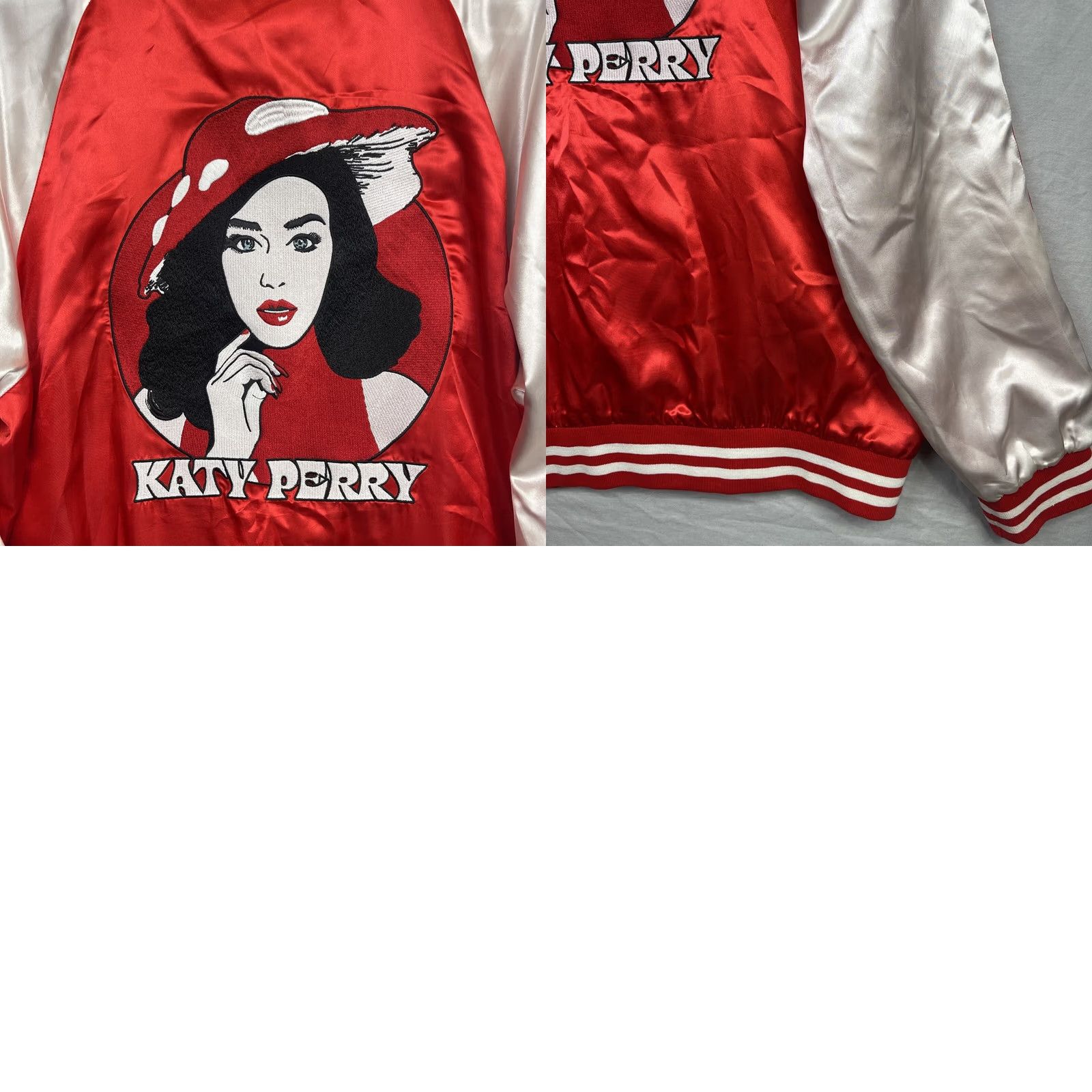 Sperry Katy Perry Bomber Jacket Mens XL Red White Satin Play Las Vegas Embroidery Snap Size US XL / EU 56 / 4 - 9 Thumbnail
