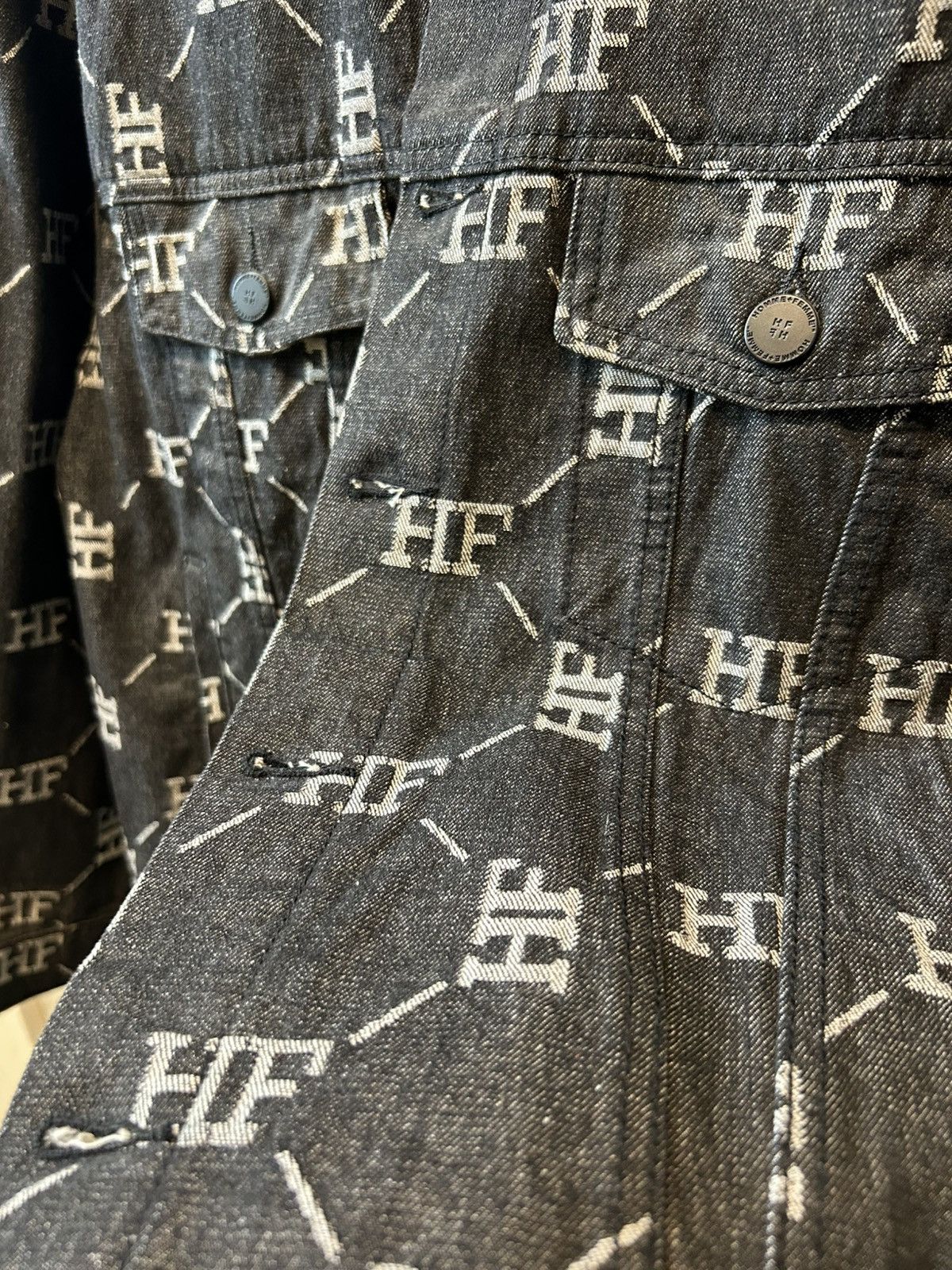Homme + Femme La HOMME + FEMME LA, Black Monogram Denim Jacket Size US L / EU 52-54 / 3 - 3 Thumbnail