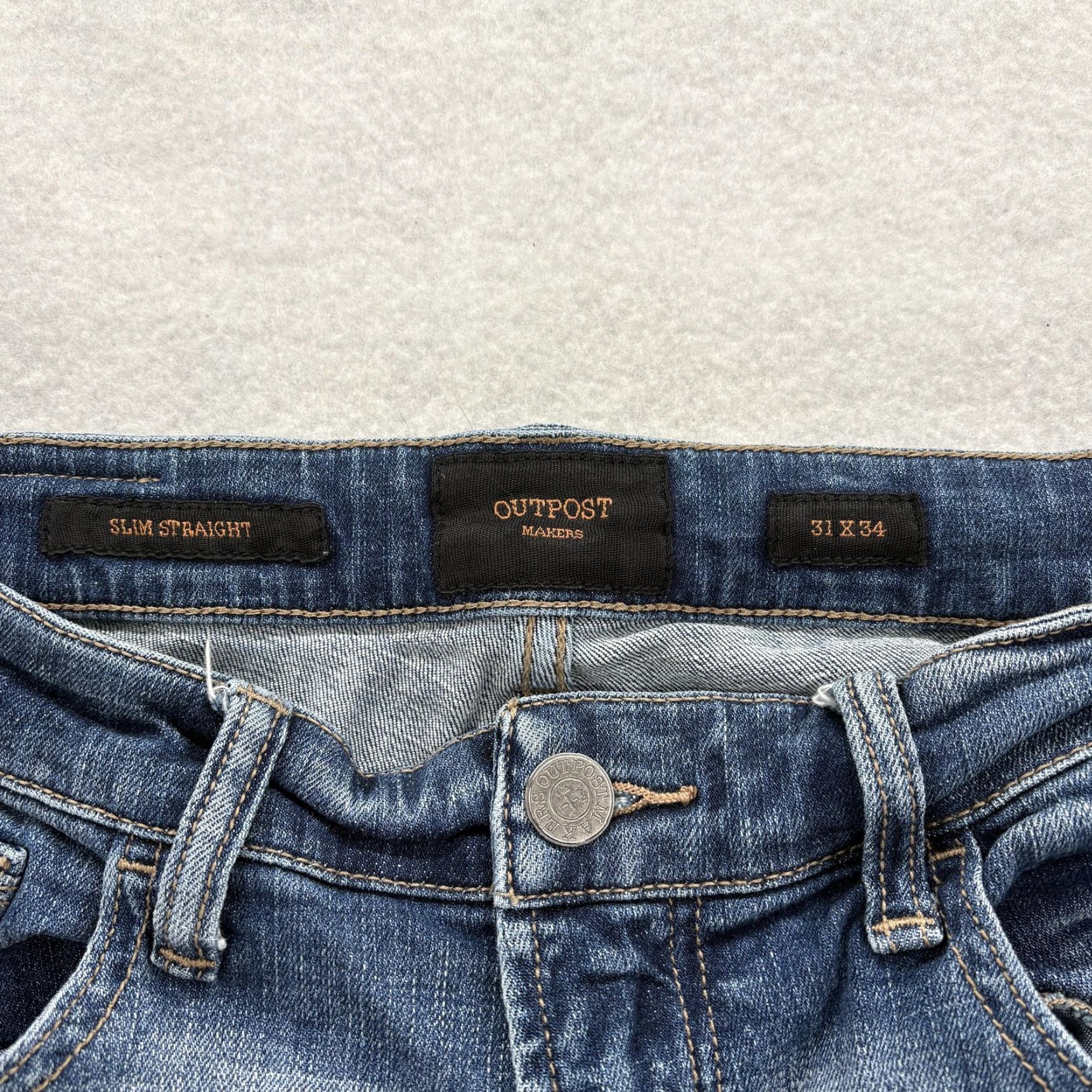 Vintage Outpost Makers Jeans Slim Straight Mens 31x34 Blue Stretch Denim 5-Pocket Zip Fly Logo Patch Vintage No Size US 31 - 4 Thumbnail