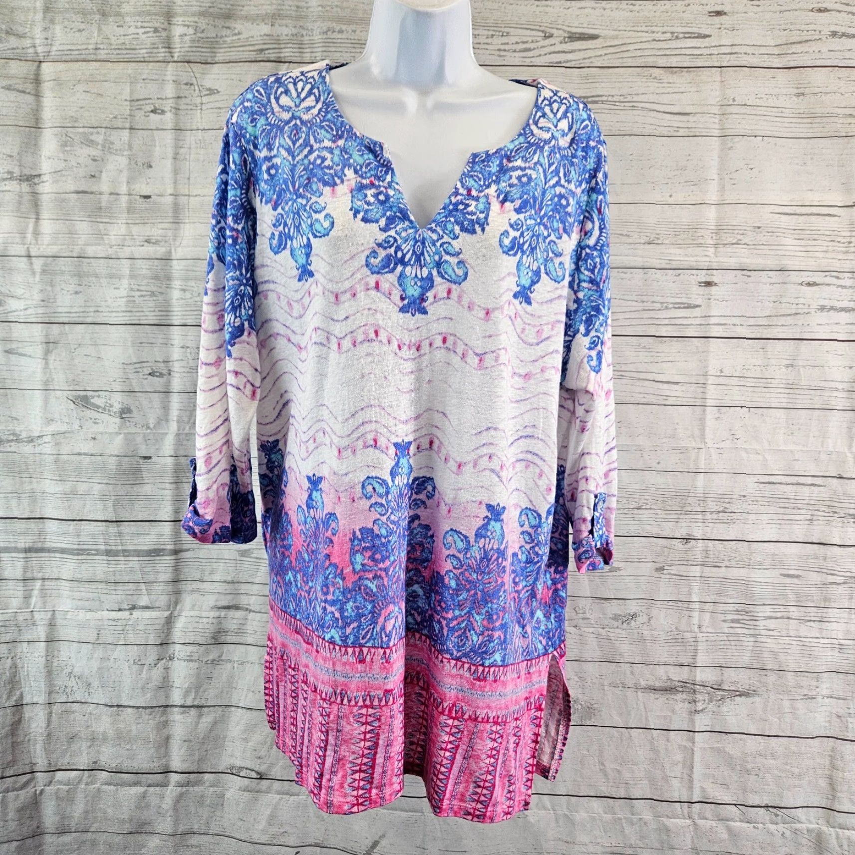 Vintage VINTAGE Chicos Womens Linen Top Sz Large Blue Pink 3/4 Sleeve Size L / US 10 / IT 46 - 2 Thumbnail