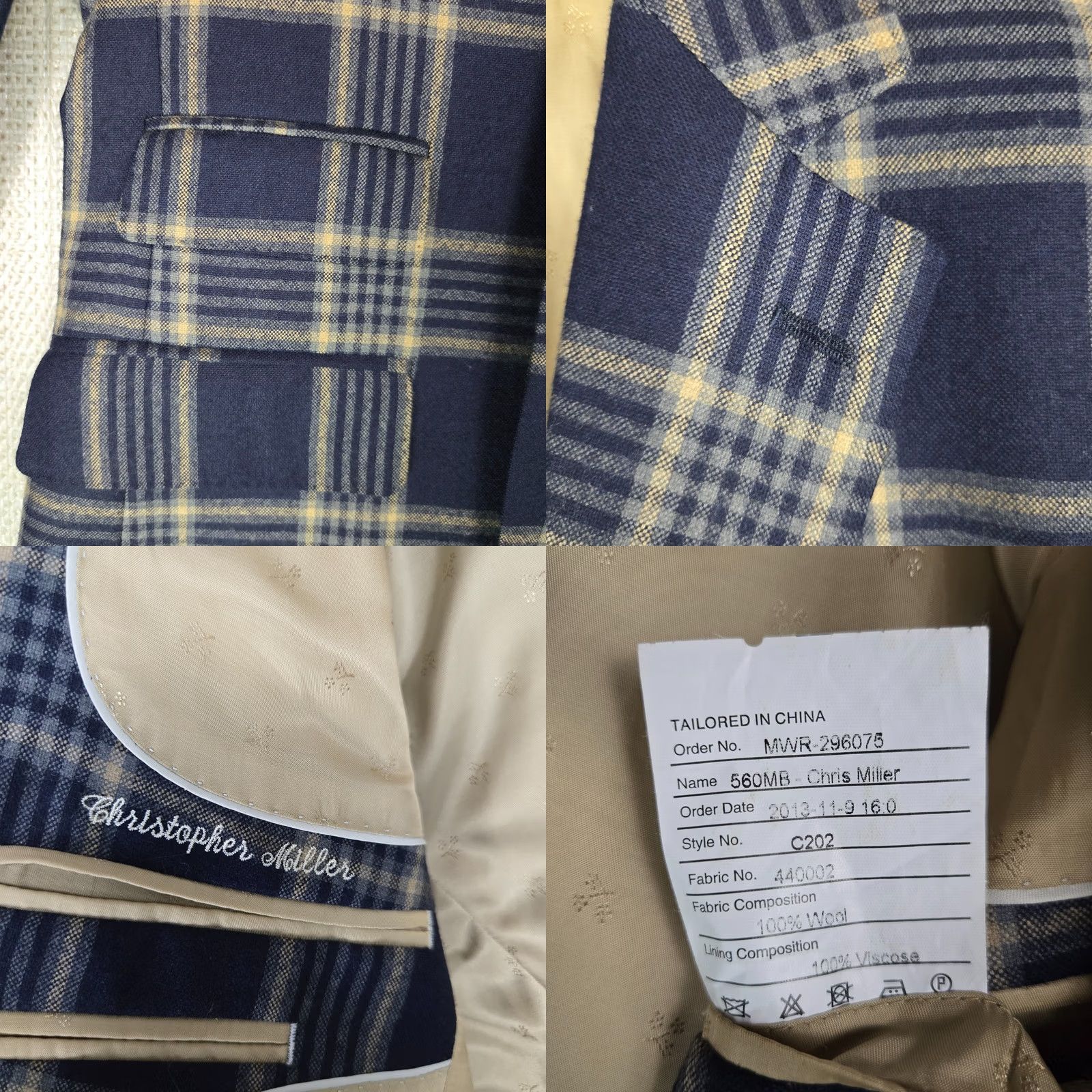 Vintage Custom Bespoke Mens Size 38 Blue Windowpane Plaid Soft Wool Jacket Blazer - 100% 4 Button Front, Double Vented, Notch Lapel Size 38R - 10 Thumbnail