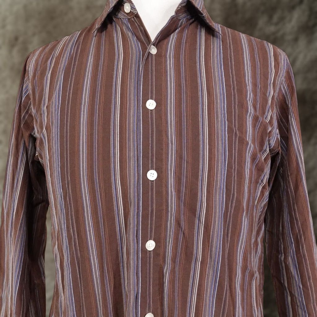 BKE BKE 67 Shirt Mens Large Brown Blue Stripe Button Front Long Sleeve Casual Shirt Size US L / EU 52-54 / 3 - 1 Thumbnail