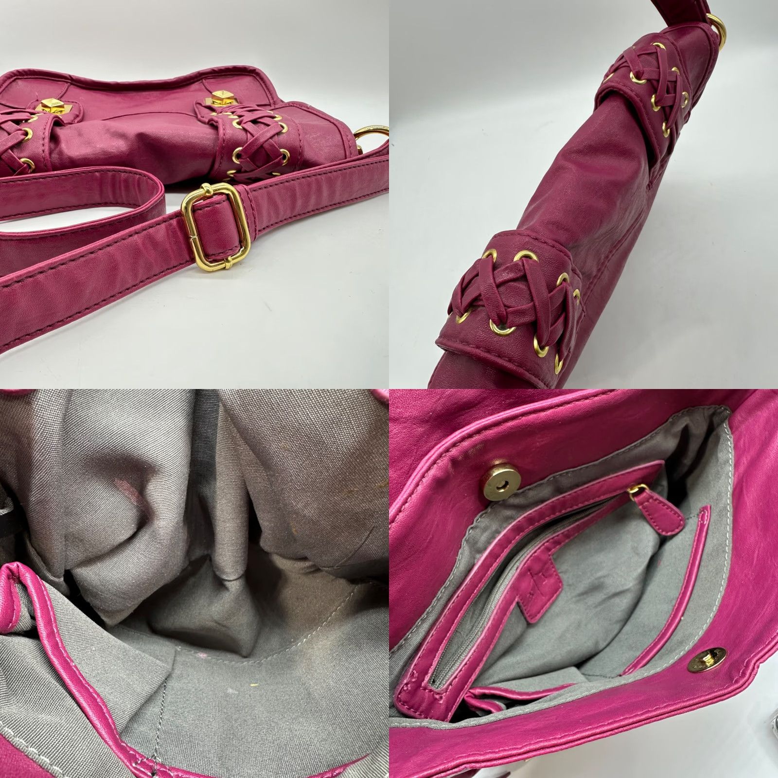 Vintage RJ Womens Crossbody Bag Purse Pink Magenta Gold Laced Faux Leather Fold Over Crossbody Size ONE SIZE - 9 Thumbnail