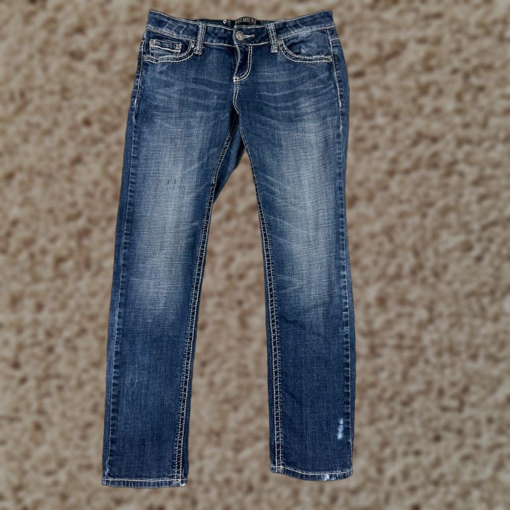 Vintage Premiere Jeans Women 7 Blue Denim Distressed Embroidered Rhinestone Studded 5-Pocket Straight Slim Jeans Fall Spring Summer Womens Size 28" / US 6 / IT 42 - 1 Thumbnail