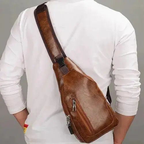 Shoulder Crossbody Chest Pu Leather Bag in Brown, Men's