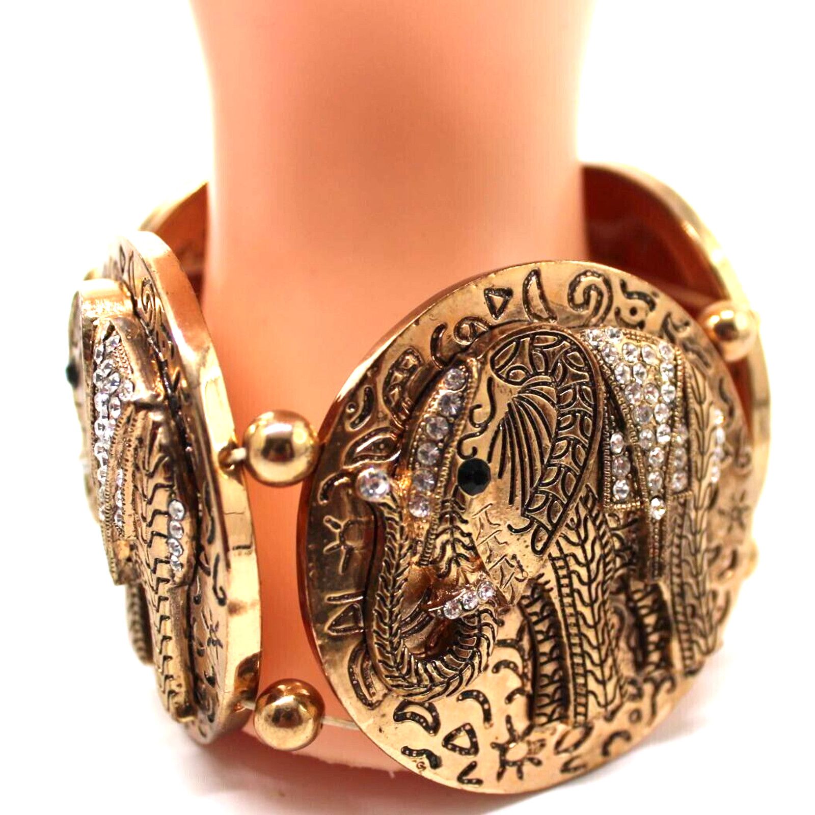 Other Chunky Gold Tone Elephant Bracelet • Rhinestone • Etched Size ONE SIZE - 1 Thumbnail