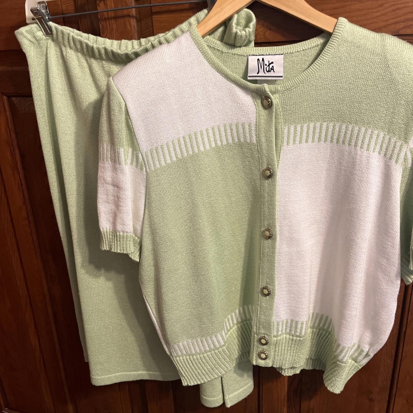 Mita Vintage MITA Green White 2pc Sweater Knit Skirt Suit Sz 18 Size XXL / US 16-18 / IT 52-54 - 7 Thumbnail