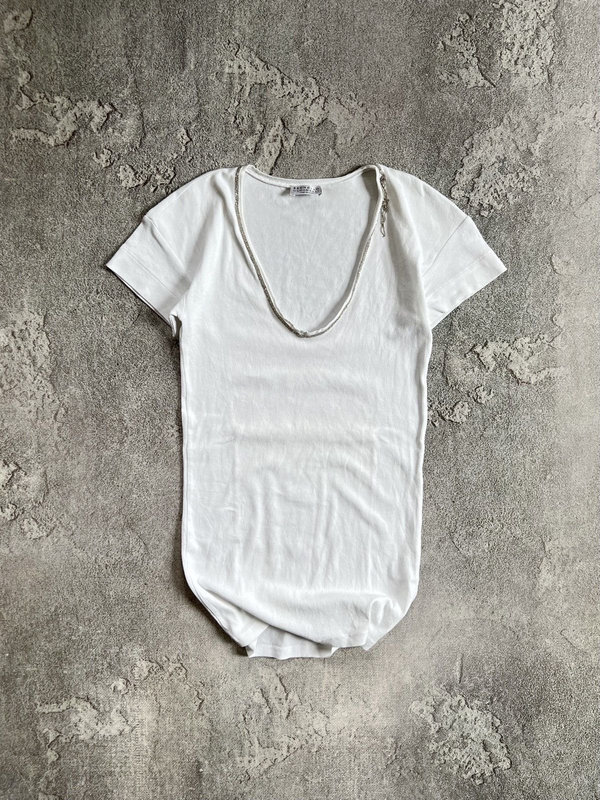 Brunello Cuccinelli White T Shirt Sz XS Silver Chain Trim