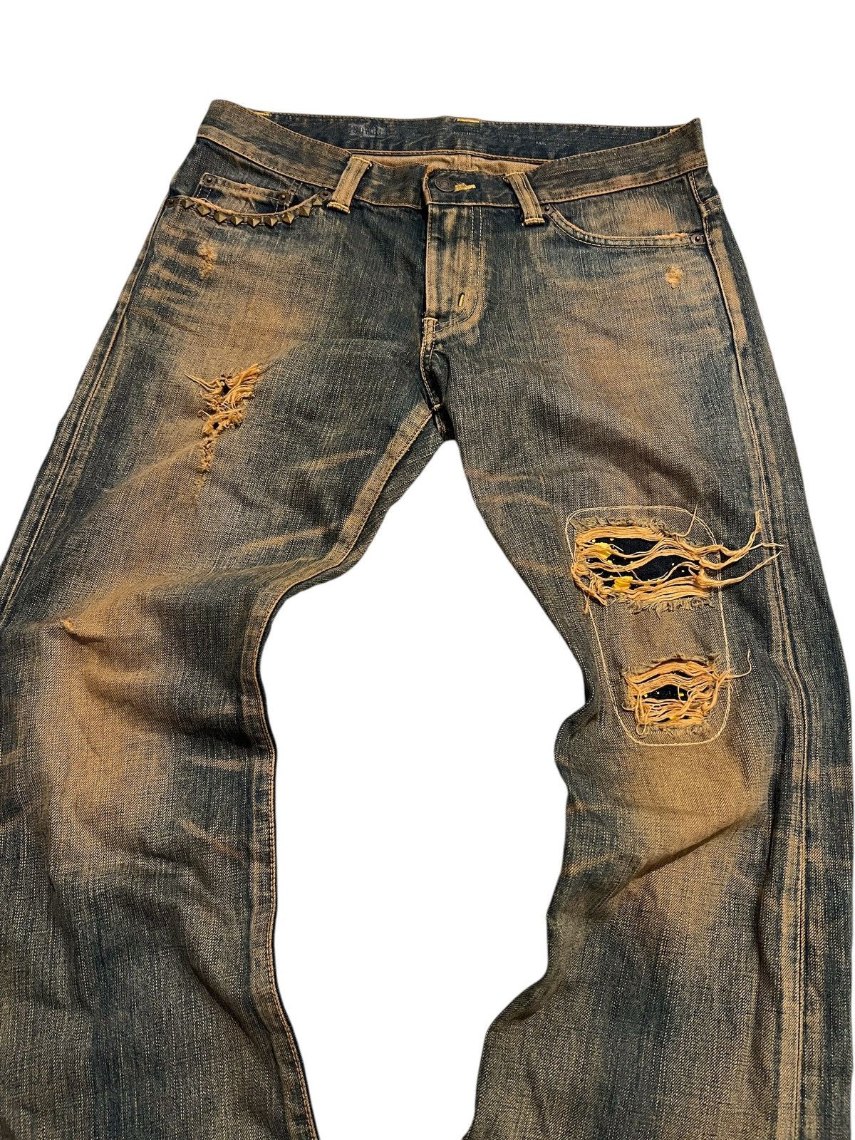 If Six Was Nine FLARE EDWIN STUDED DISTRESSSED PUNK MUDWASH DENIM Size US 32 / EU 48 - 2 Thumbnail
