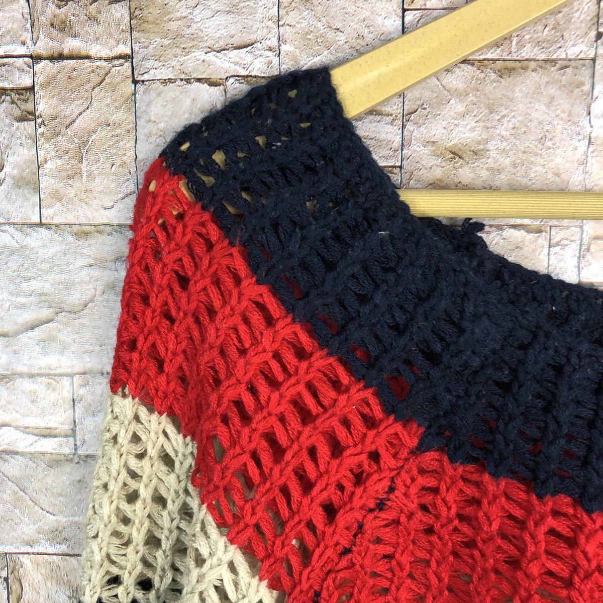 Homespun Knitwear Clumzy Stripe Red crochet meshnet vintage Knitwear #A489 Size M / US 6-8 / IT 42-44 - 9 Thumbnail