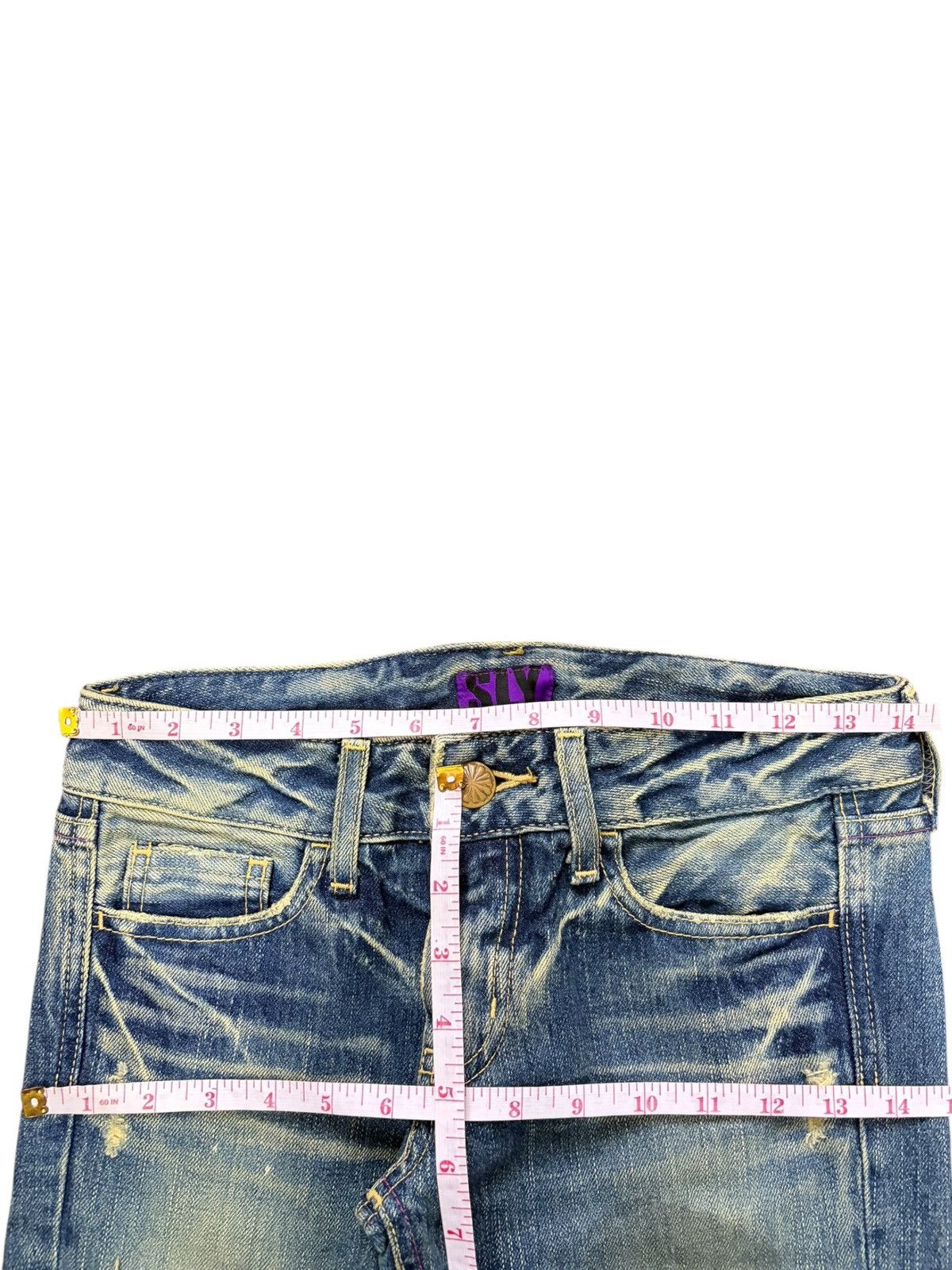 SLY Vintage Japanese Sly Sashiko Distress Low Rise Flare Jeans Size 28" / US 6 / IT 42 - 6 Thumbnail