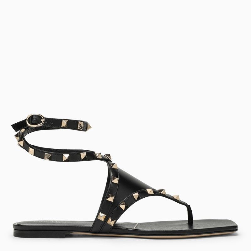 image of Valentino Garavani Black Leather Rockstud Low Sandal, Women's (Size 7)
