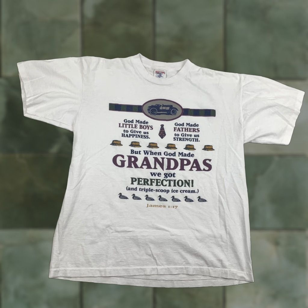 TEE JAYS VINTAGE Grandpa T Shirt Adult XL White When God Made Little Boys Fathers Grandpa Tee Jays Shirt Mens 90s American Religion God Size US XL / EU 56 / 4 - 1 Thumbnail