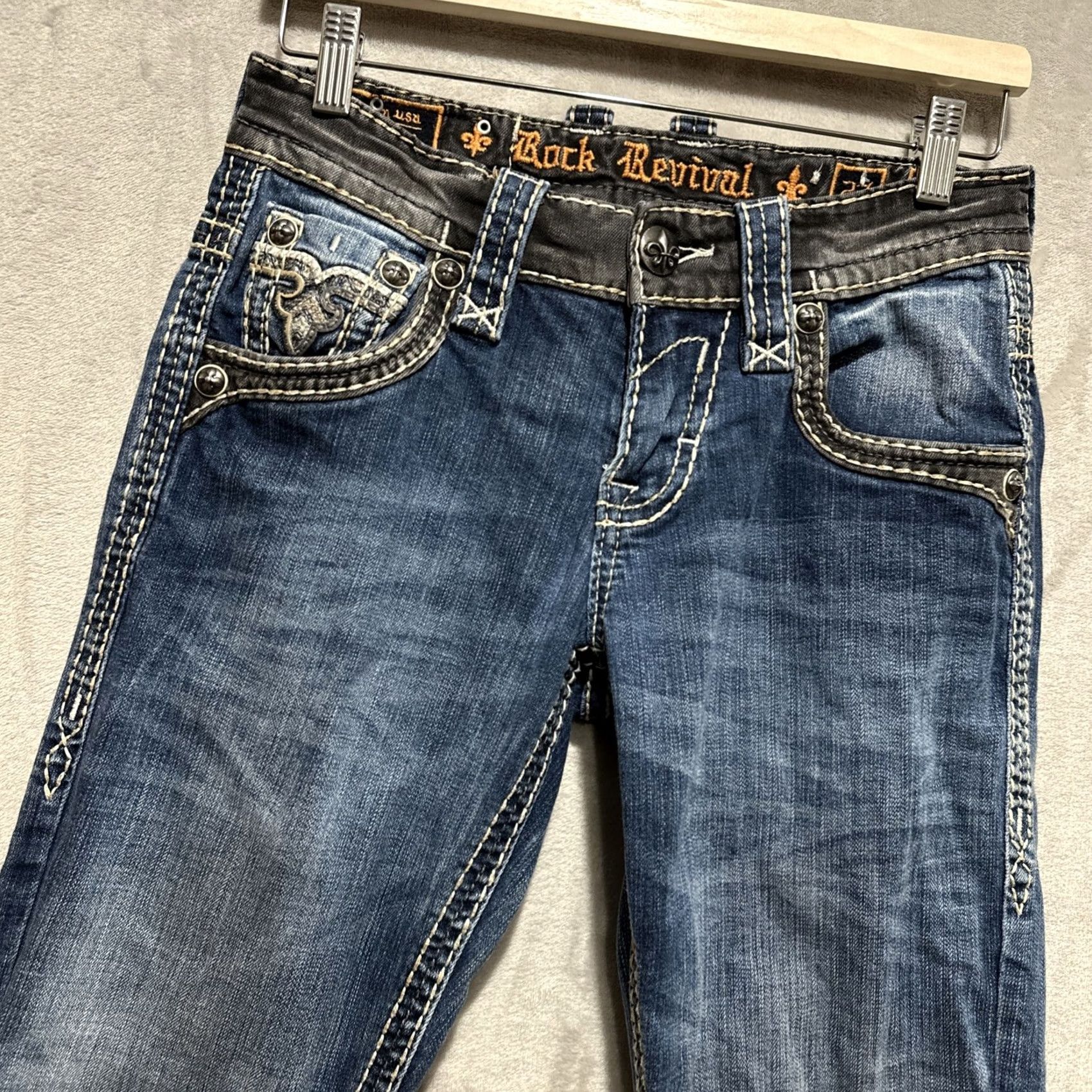 Vintage Rock Revival Dorran Slim Straight Jeans 27 Denim 5-Pocket Logo Embroidered Pockets Mens Blue Size US 27 - 6 Thumbnail