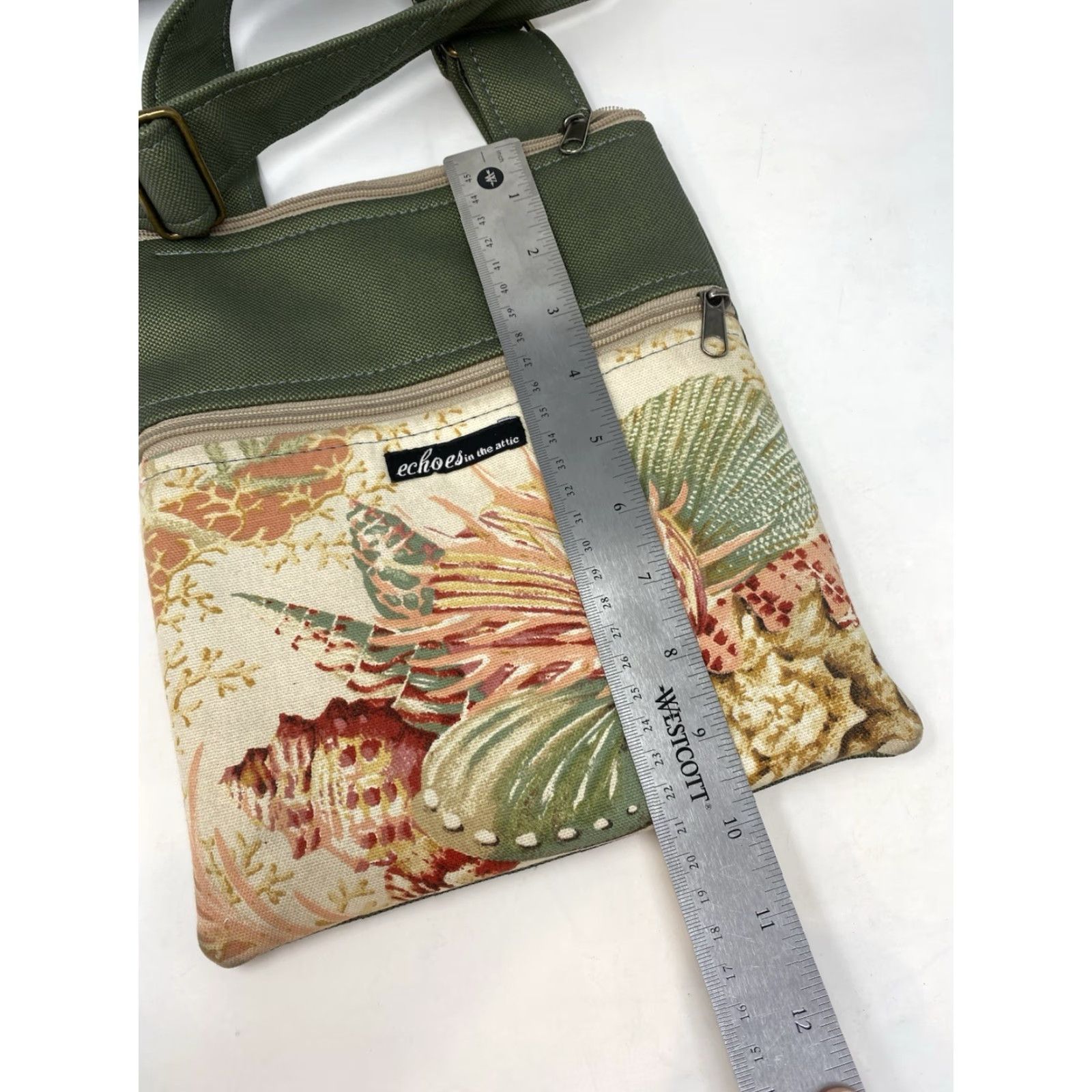 Vintage Echoes In The Attic Crossbody Bag Eco Friendly Seashell Print Canvas Green Purse Small Women Size ONE SIZE - 2 Thumbnail