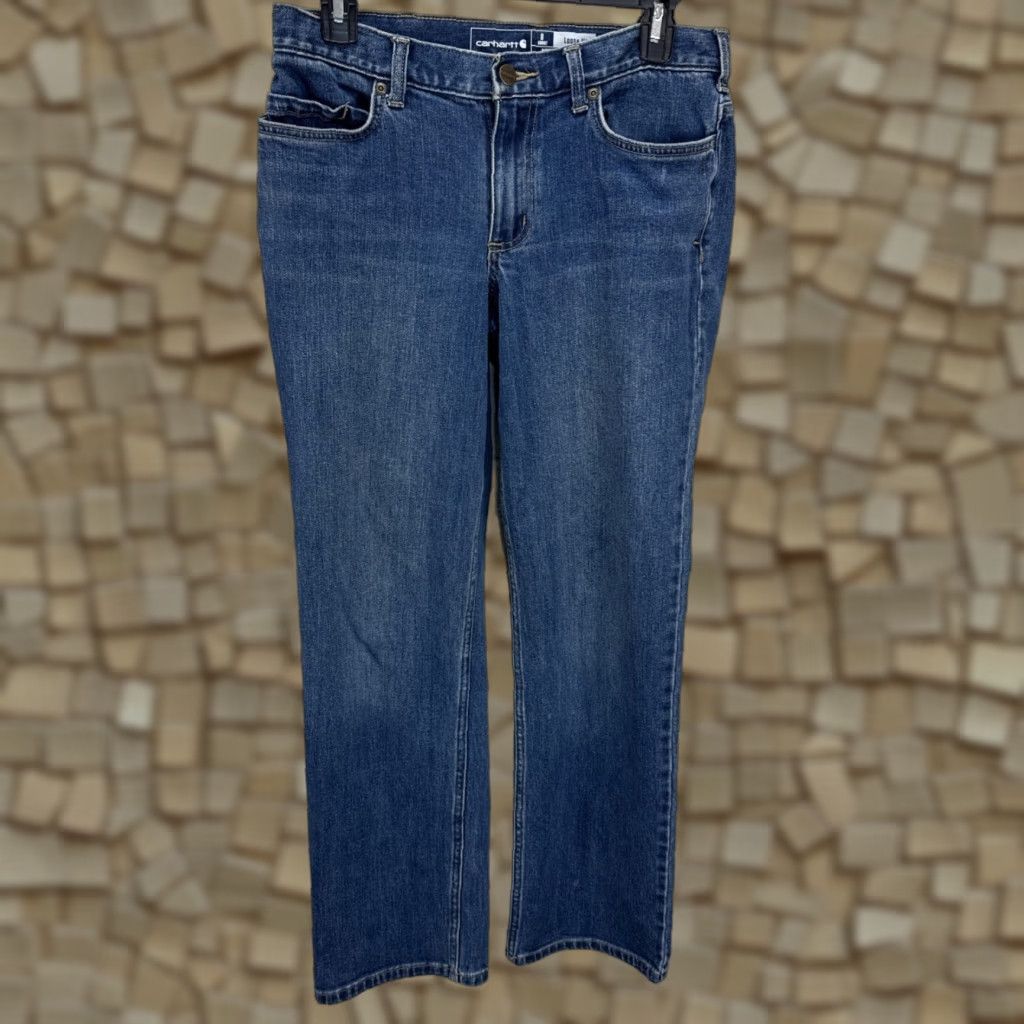 Carhartt Carhartt Jeans Women’s 8 Short Blue Denim Mid Rise Loose Fit Straight Leg 5-Pocket Zipper Button Logo Stretch Cowgirl Workwear Carhartt 102731 459 Size 40" / US 18 - 1 Thumbnail