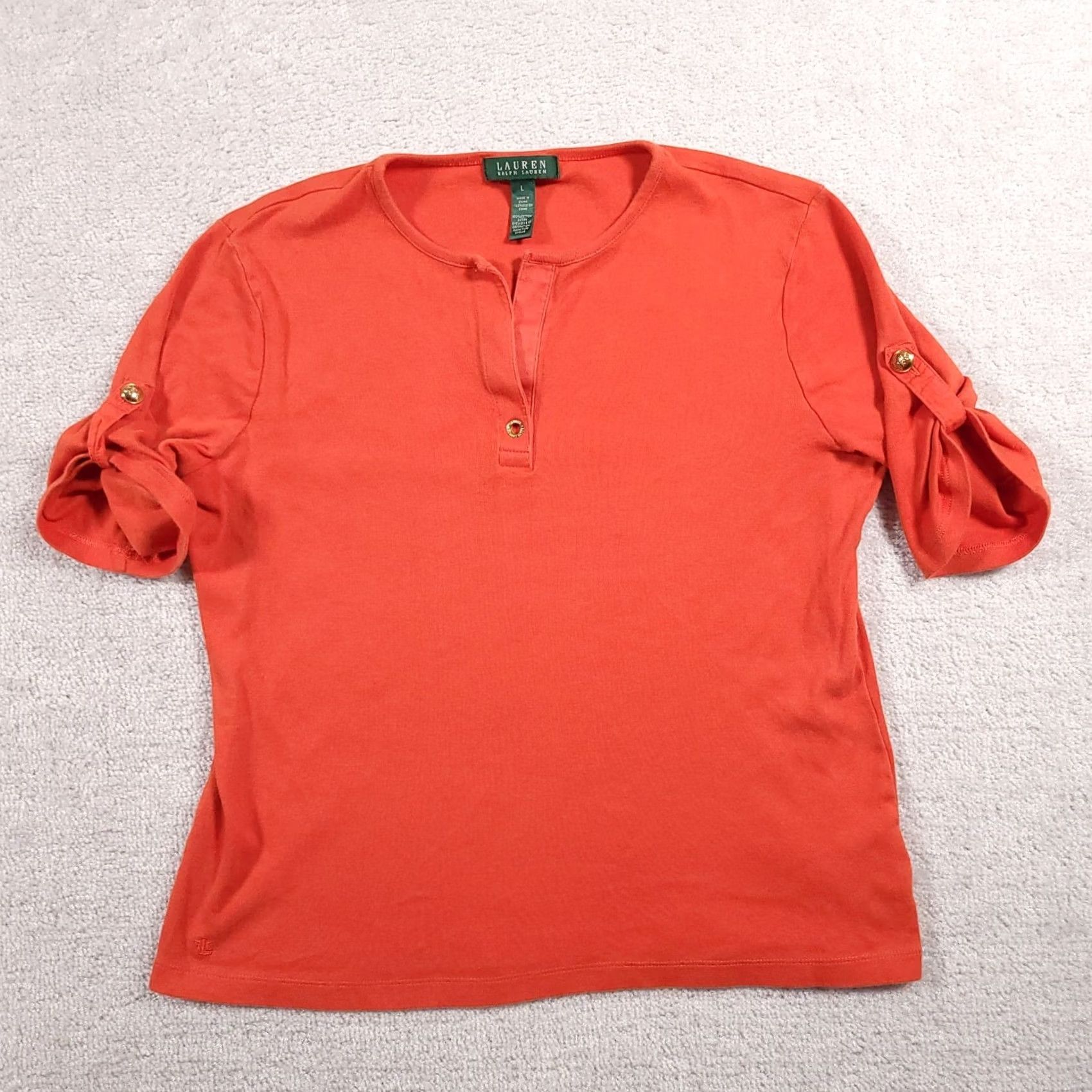 Ralph Lauren VINTAGE Lauren Ralph Lauren Short Rolled Sleeve Shirt Women's Large Orange V Neck Shirt Size L / US 10 / IT 46 - 2 Thumbnail
