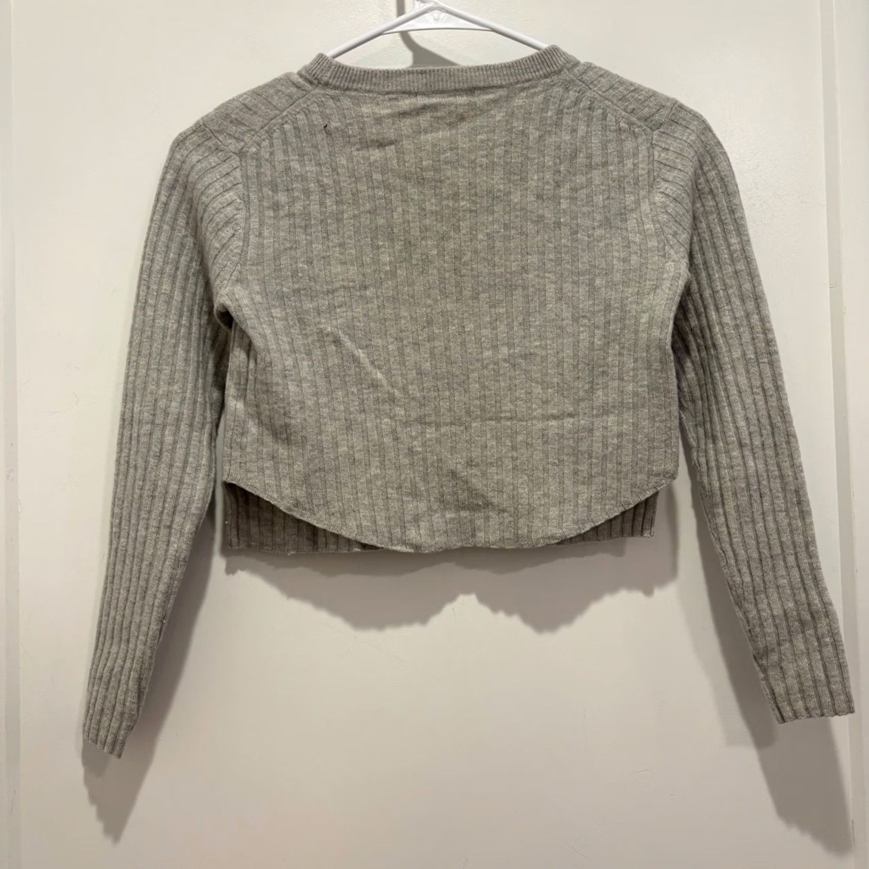 Vintage Babaton Ribbed Knit Cropped Sweater Grey Wool Linen Blend Womens S Crew Neck Long Sleeve Pullover Casual Fall Winter Spring All Seasons Slim Size S / US 4 / IT 40 - 4 Thumbnail