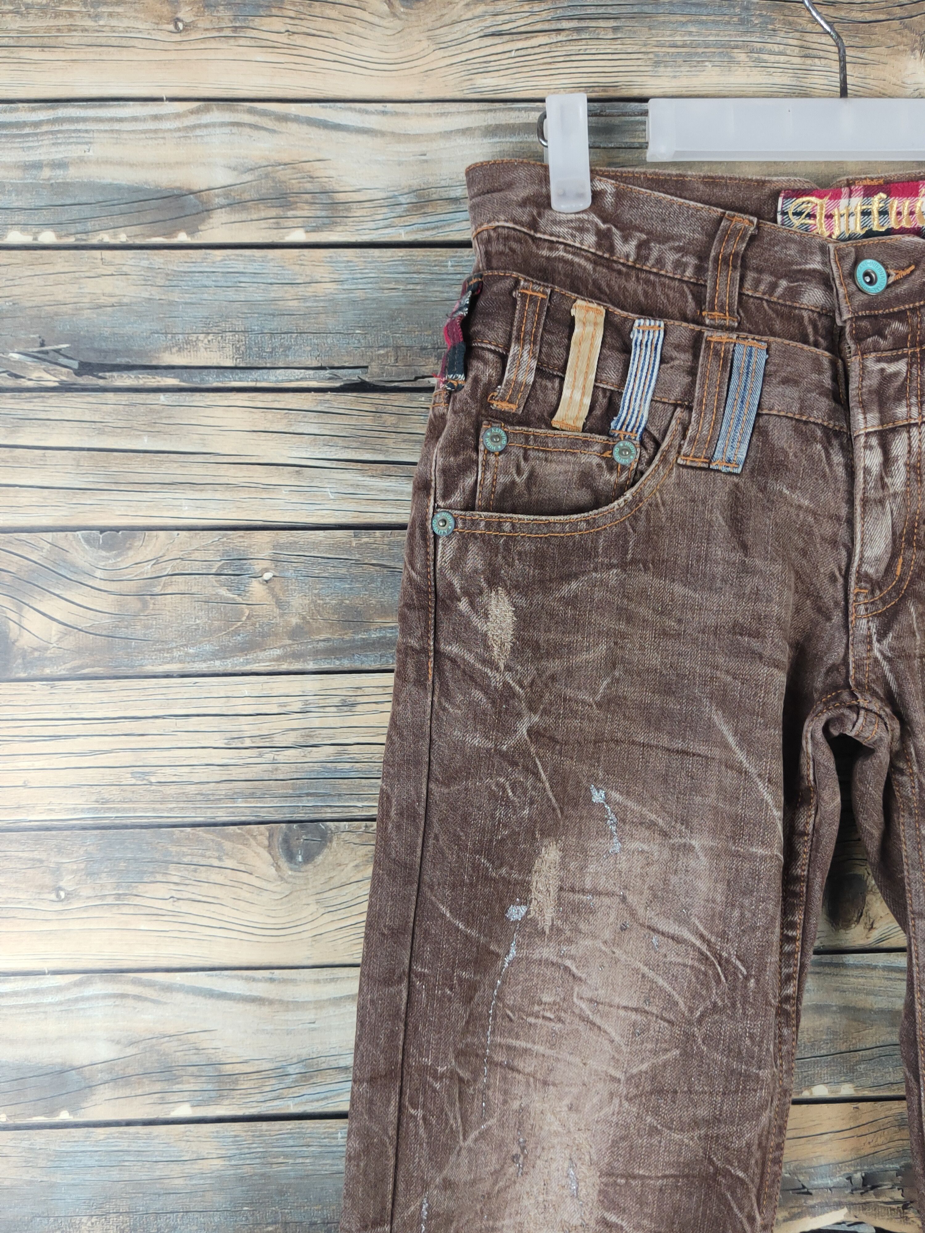 Japanese Brand DL Antlui Double waist punk Brown Ripped Jeans #763 Size US 30 / EU 46 - 3 Thumbnail