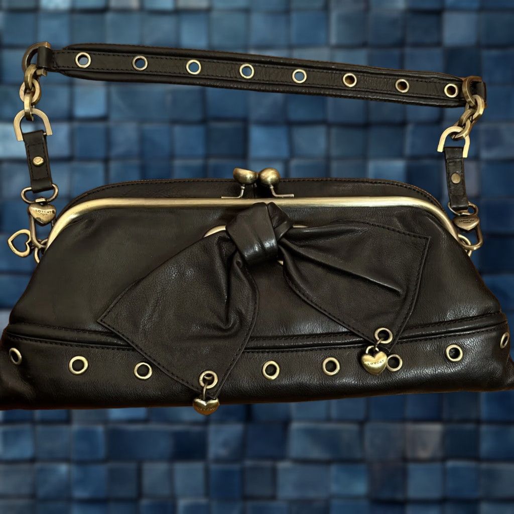 Vintage Lovcat Paris Leather Womens Purse Shoulder Bag Black Gold Hearts