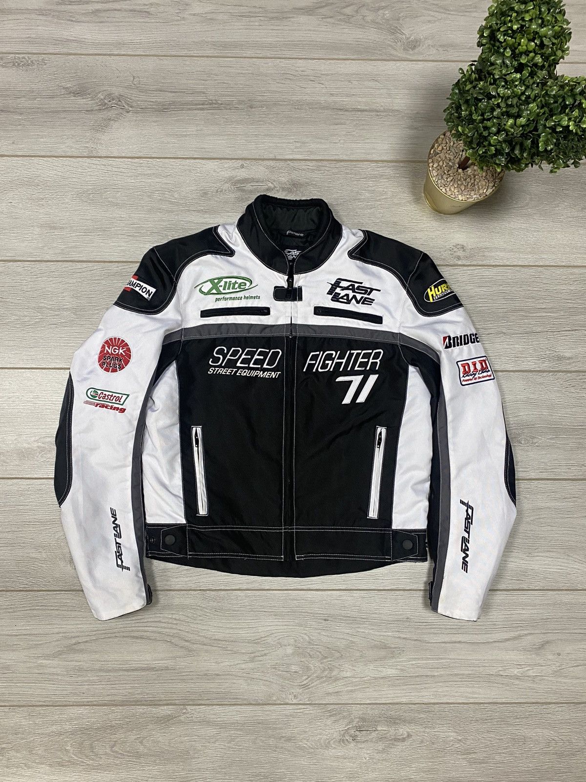 image of Moto x Racing Speed Fighter 71 Vintage Racing Bomber Jacket in Black/White, Men's (Size Medium)