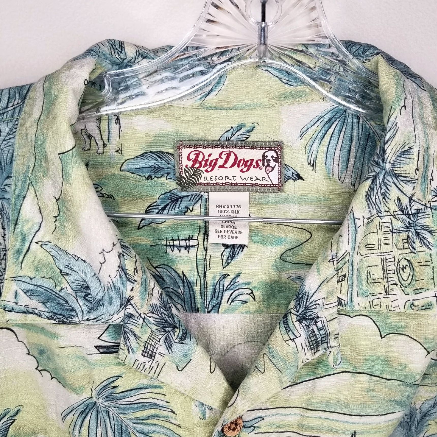 Big Dogs Big Dogs Mens Short Sleeve Hawaiian Shirt XL Green 100% Silk Button-Up Size US 36 / EU 52 - 3 Thumbnail